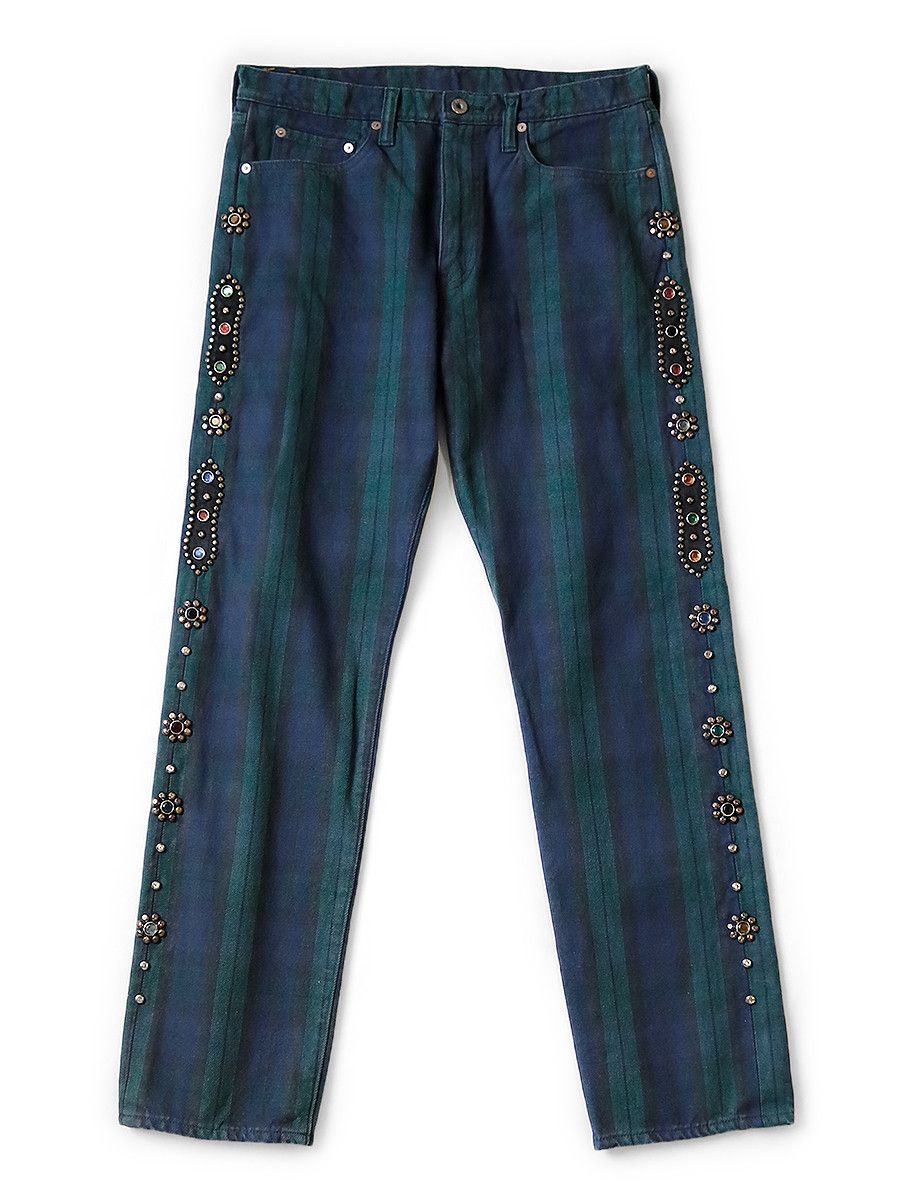 image of Kapital 11Oz Tartan Checkered Studded Remake Pants in Green/Black, Men's (Size 38)