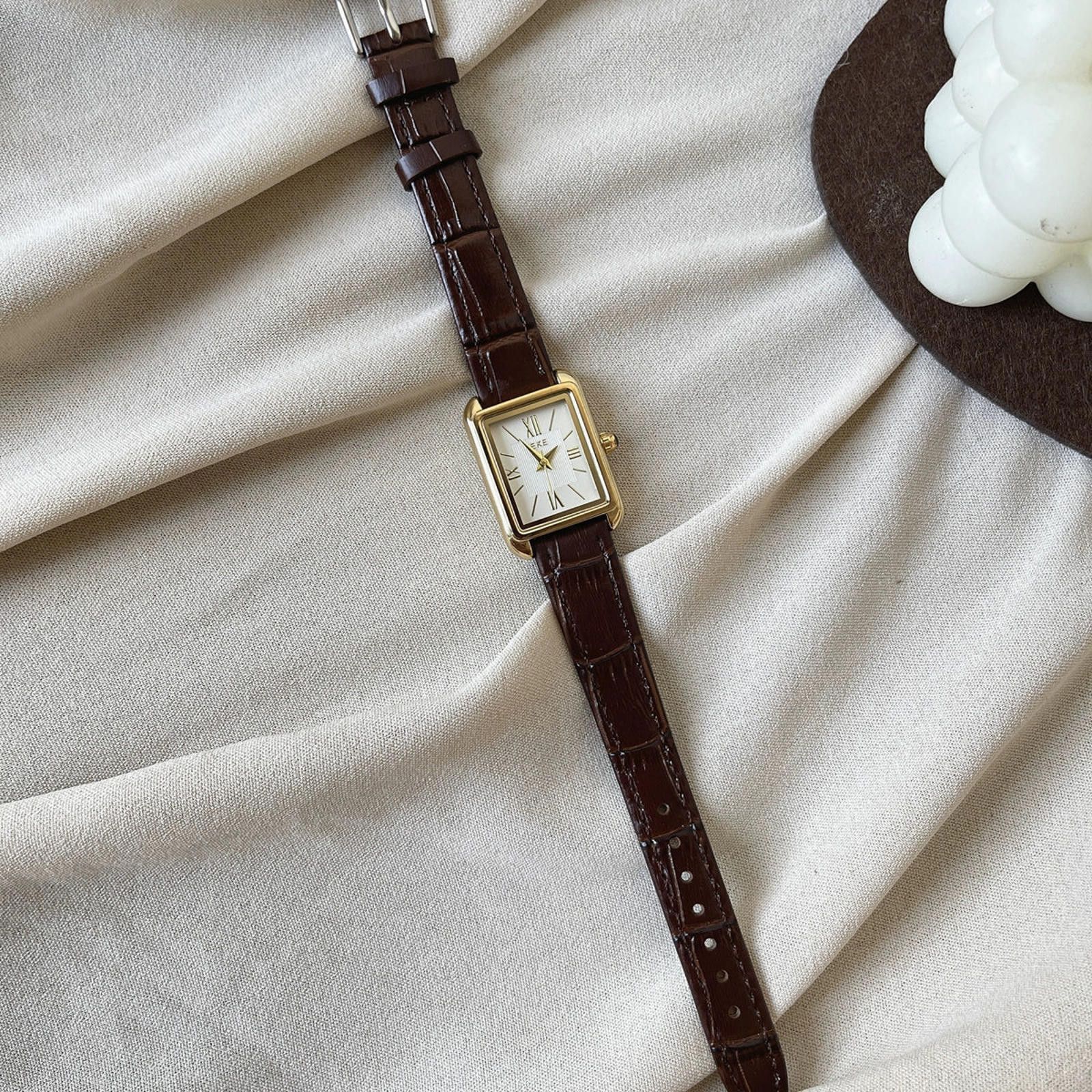 Jewelry Leather Strap Rectangular Gold Watch, Classic Wristwatch Size ONE SIZE - 7 Thumbnail