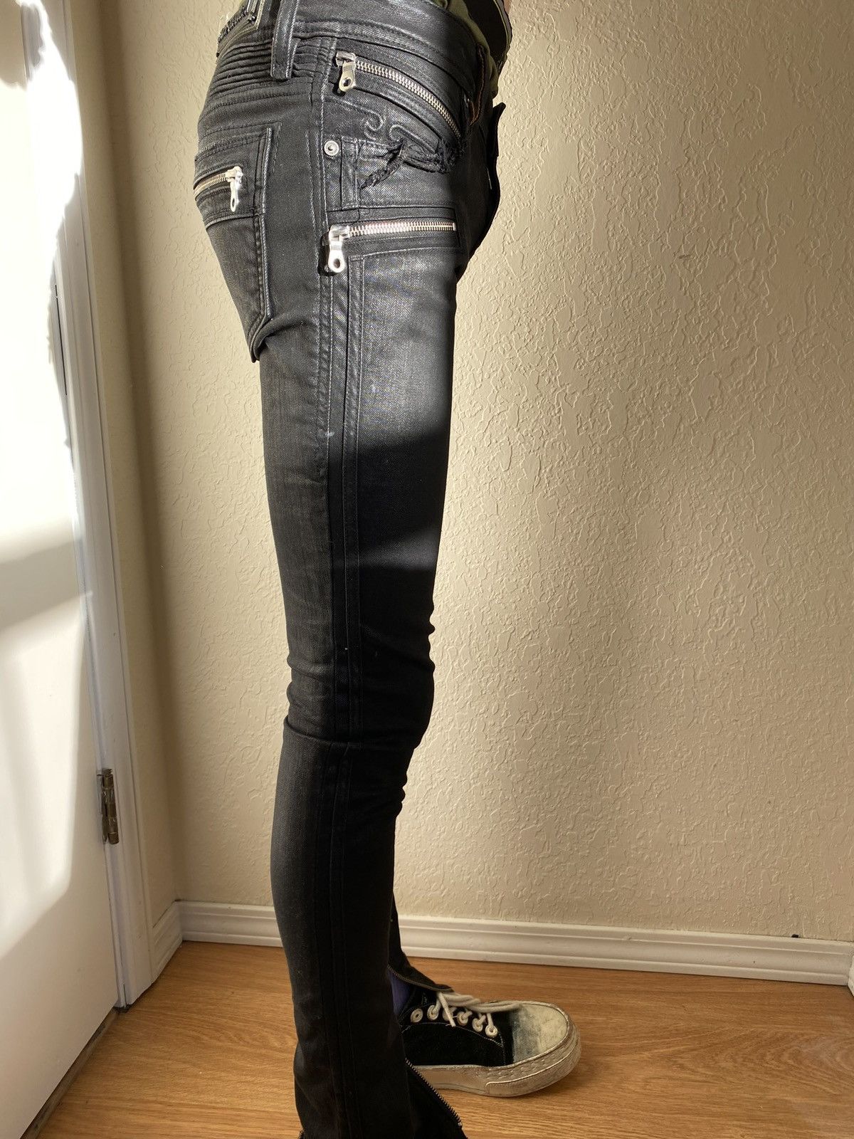 Rock Revival Mens black Rock Revival distressed Moto Skinny Jeans- Flared Size US 28 / EU 44 - 4 Thumbnail