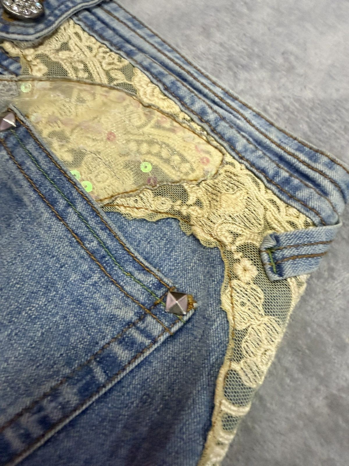 Japanese Brand × Vintage Embellished Butterfly Studded Rhinestone Flared Jeans Size 29" - 8 Thumbnail