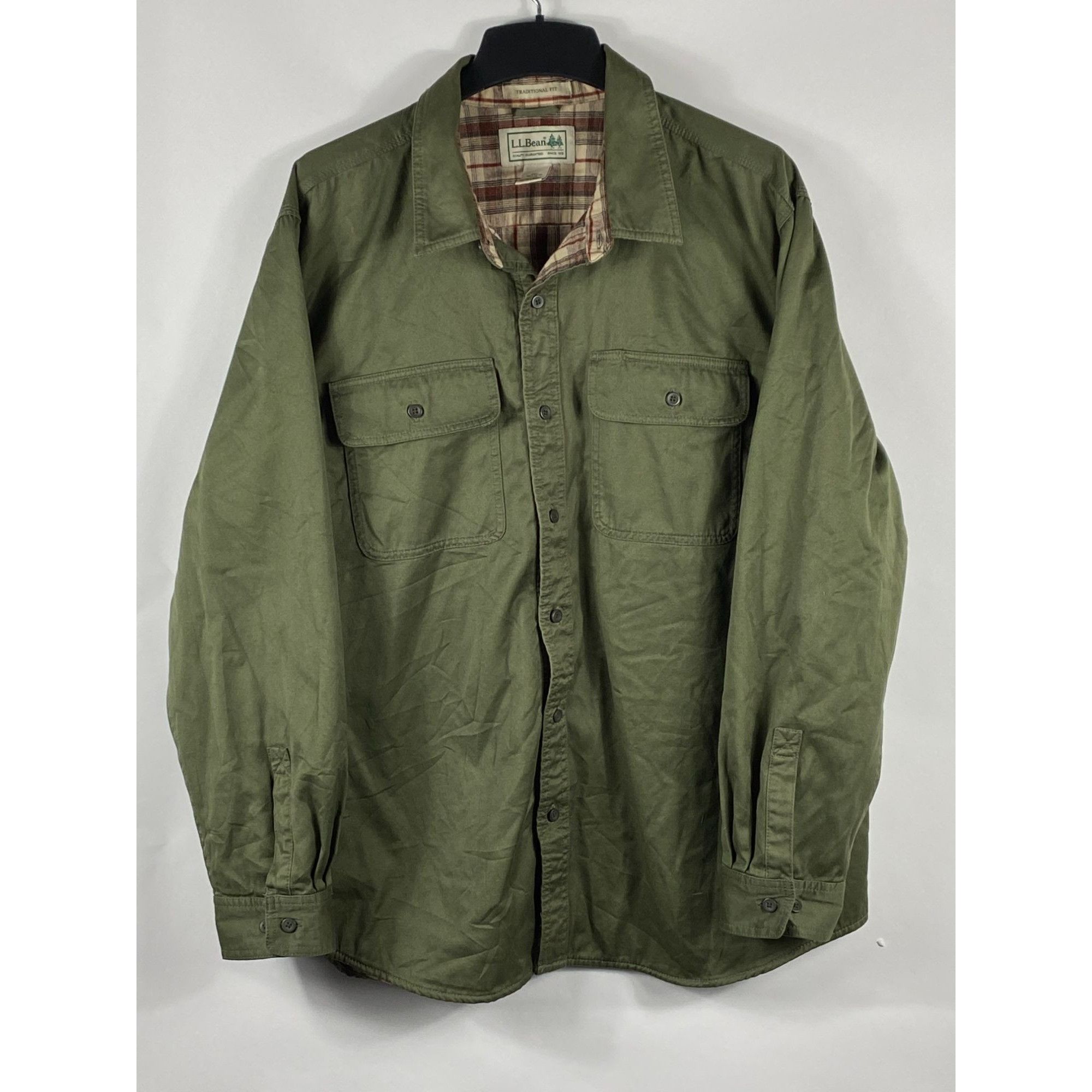 image of L L Bean Vintage L.l Bean Flannel Lined Button Up Jacket Olive Green, Men's (Size XL)