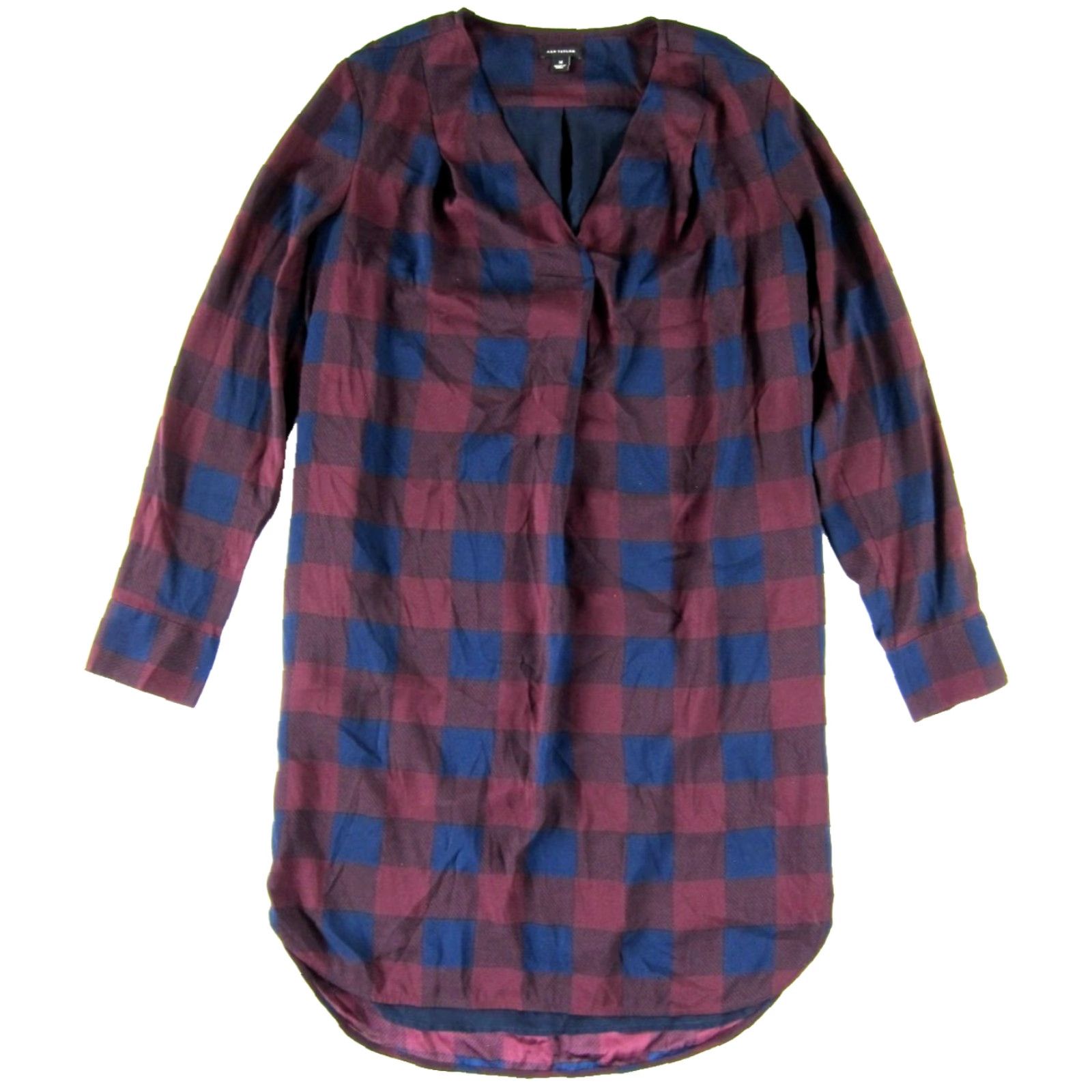 Ann Taylor Ann Taylor Dress Plaid Shift Tunic Long Sleeve V-Neck Pocket Midi Medium Women Red BlueprintStyle? Size M / US 6-8 / IT 42-44 - 2 Thumbnail