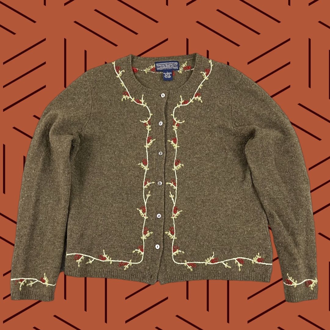Vintage Newton Trading Cardigan Women Large Brown 100% Wool Floral Knit Button Preppy Classic Women's Size L / US 10 / IT 46 - 1 Thumbnail