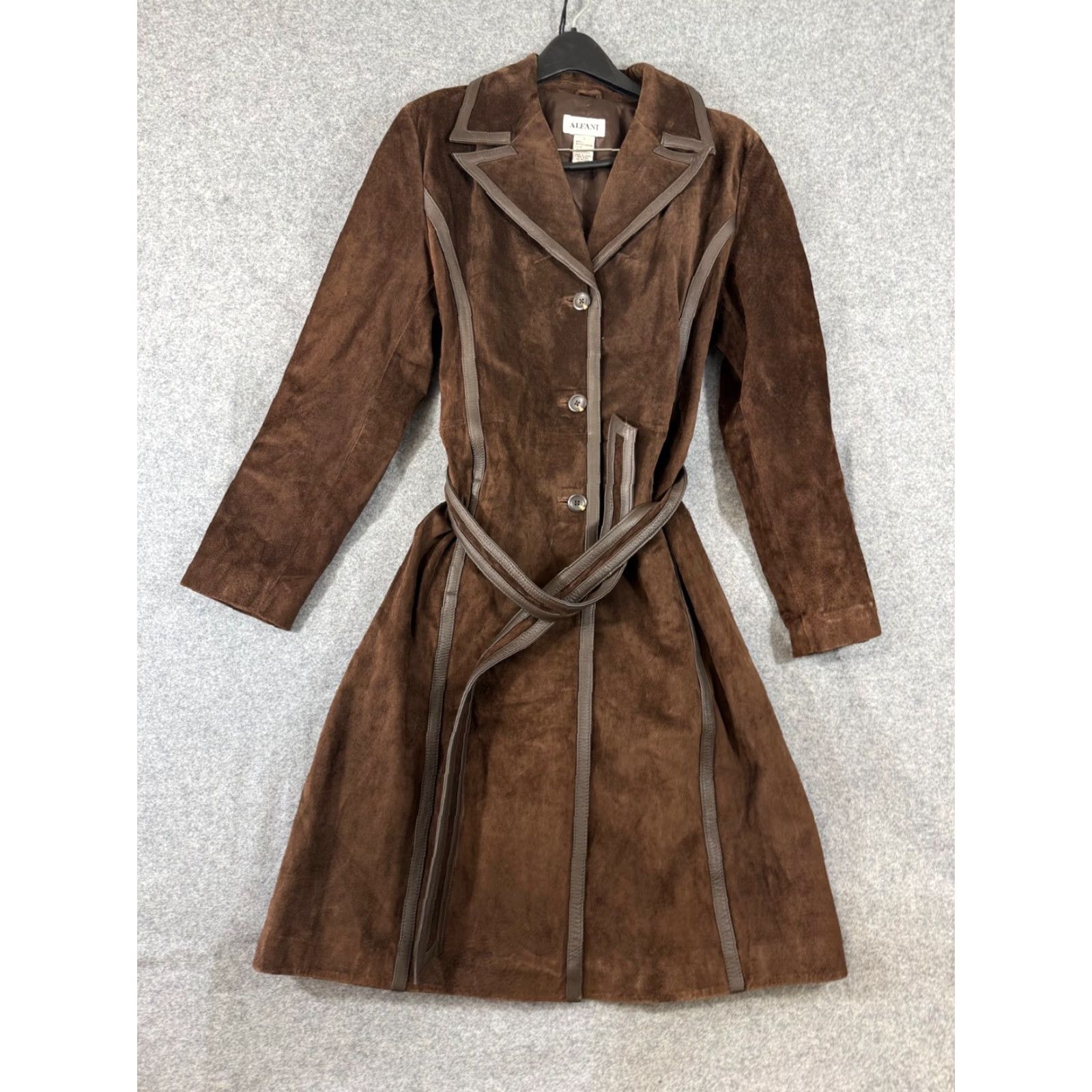 Alfani Alfani Trench Coat Womens L Brown Genuine Leather Lined Belt Waist Notch Lapel Size L / US 10 / IT 46 - 3 Thumbnail