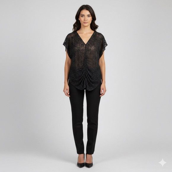Vintage Vintage Black Beaded Silk Chiffon V-Neck Tunic Top Ruching Size M / US 6-8 / IT 42-44 - 9 Thumbnail