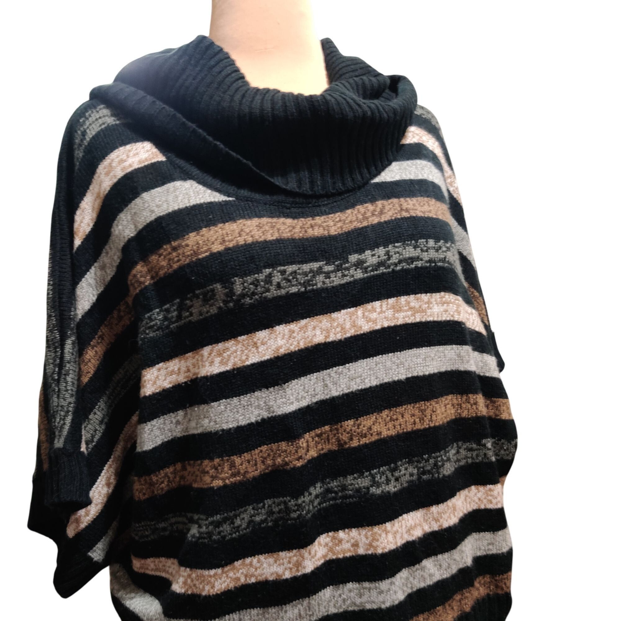 Other Faded Glory XXL Black Tan Gray Striped Knit Cowl Neck Batwin Size XXL / US 16-18 / IT 52-54 - 2 Thumbnail