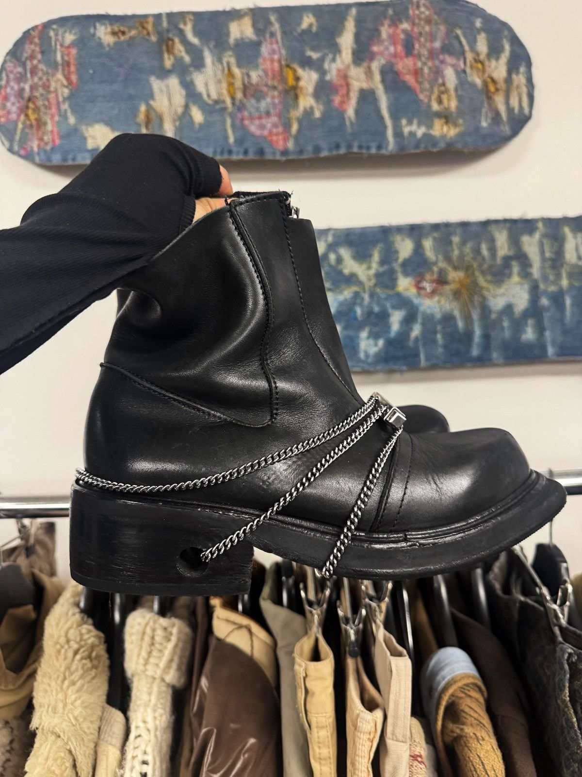 Dirk Bikkembergs Bungee Metal Chain Heel Shoes Laced Boots in Black, Men's (Size 7)