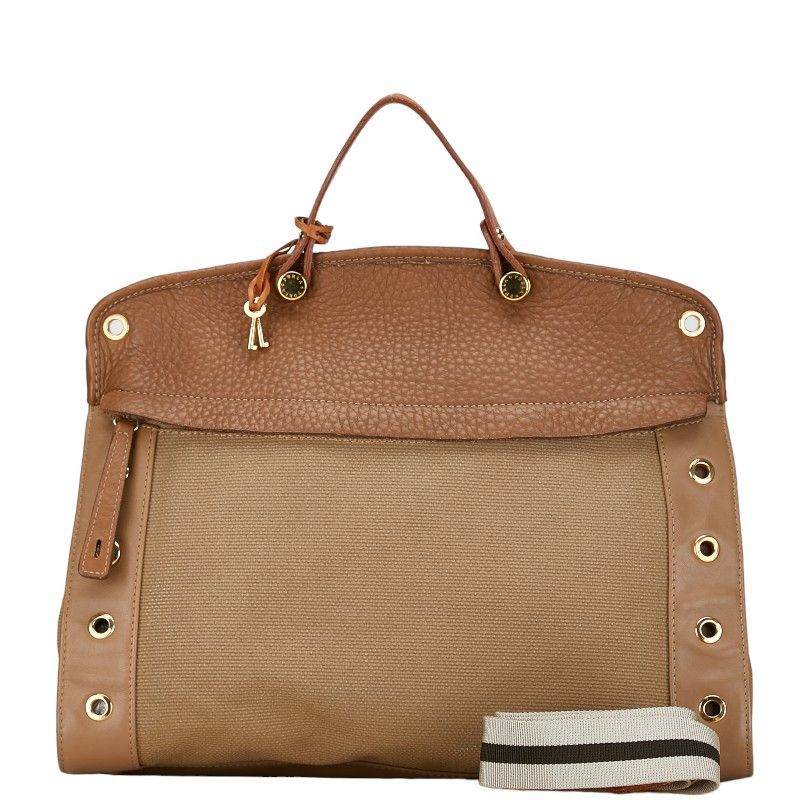 Furla Furla Furla Canvas Leather 2WAY Handbag Beige Brown Canvas Handbag in Good Condition Size ONE SIZE - 1 Thumbnail