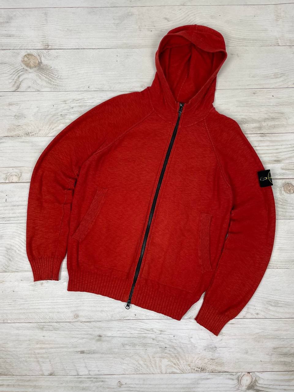 image of Vintage Stone Island Hoodie Sweater Knit Full Zip Patch Y2K in Orange, Men's (Size Small)