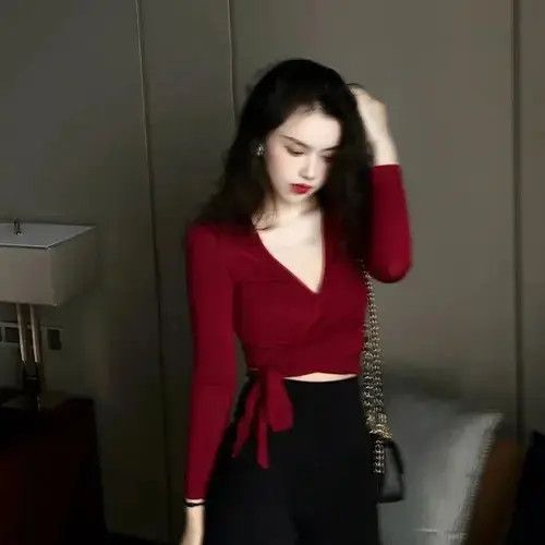 Japanese Brand Slim V-neck T Shirt Women's Cross Knotted Size ONE SIZE - 6 Thumbnail