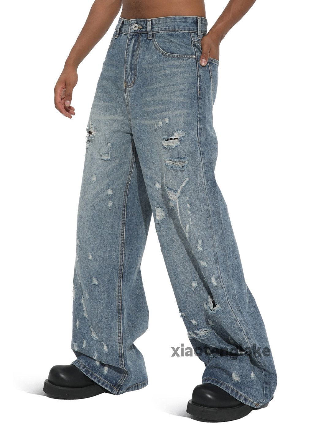 Jean Unisex washed faded utility punk yuppie ripped jeans Size US 30 / EU 46 - 8 Thumbnail