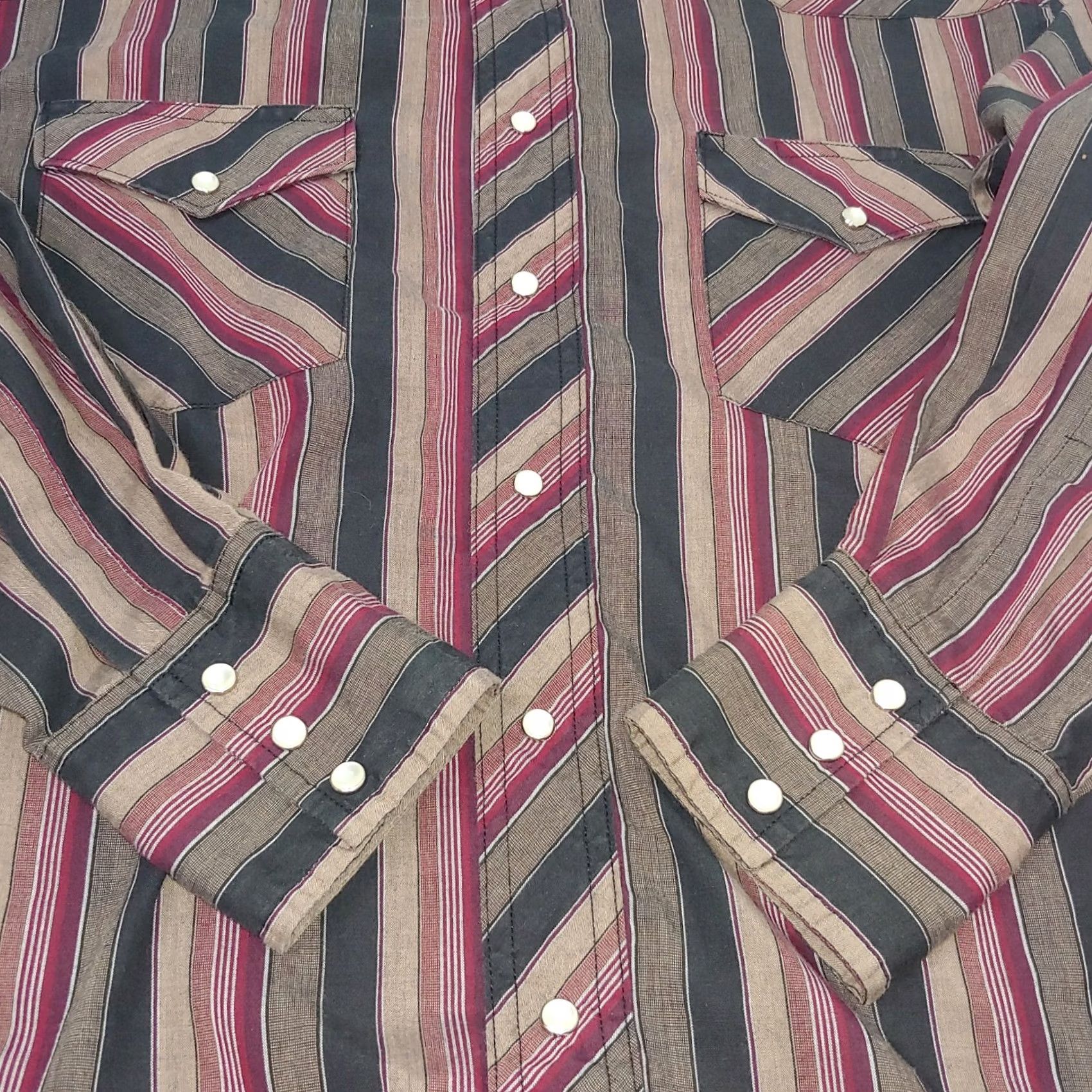 Wrangler VINTAGE Wrangler Western Shirt Large Pearl Snap Retro Stripe Brown Maroon Long Slv Rodeo Size US L / EU 52-54 / 3 - 6 Thumbnail