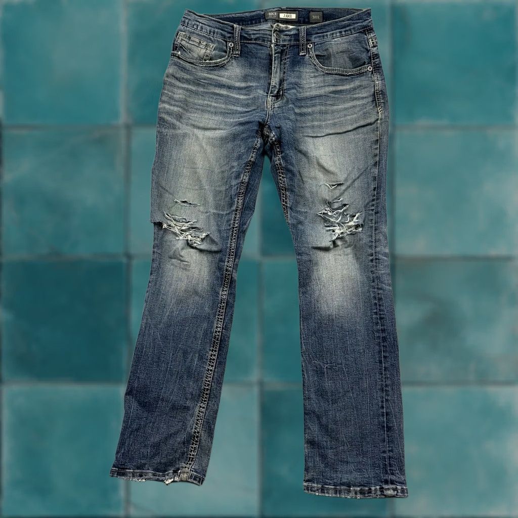 Vintage BKE Jake Jeans Denim Straight Leg Mens 34R 34x32 Mid Rise Distressed Logo 5-Pocket Wear Size US 34 / EU 50 - 1 Thumbnail