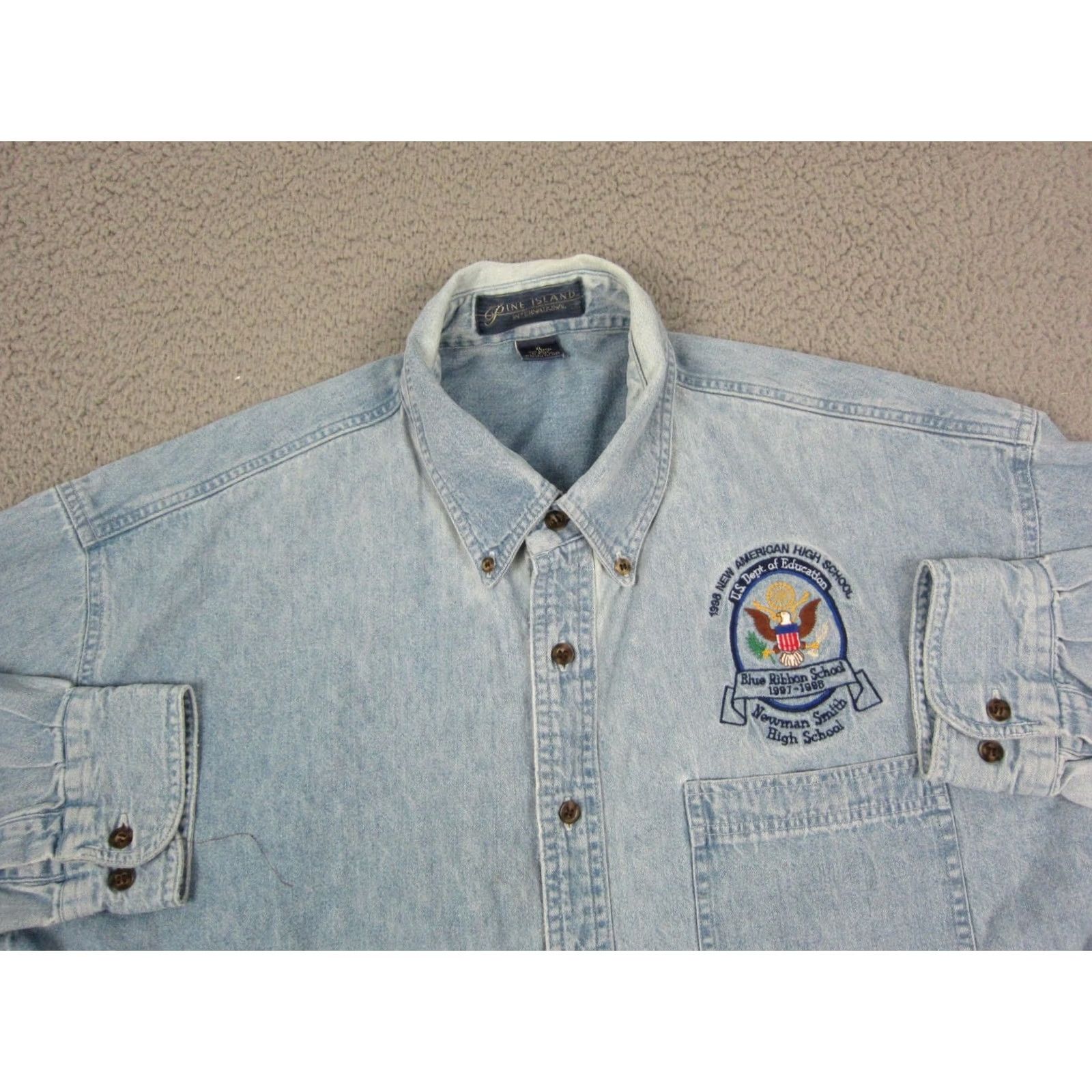 Vintage VINTAGE Pine Island International US Department of Education Shirt Mens XL Blue Denim 90s Button-Up Collared Long Sleeve 90s Mens Blue Denim Shirt XL Size US XL / EU 56 / 4 - 2 Thumbnail