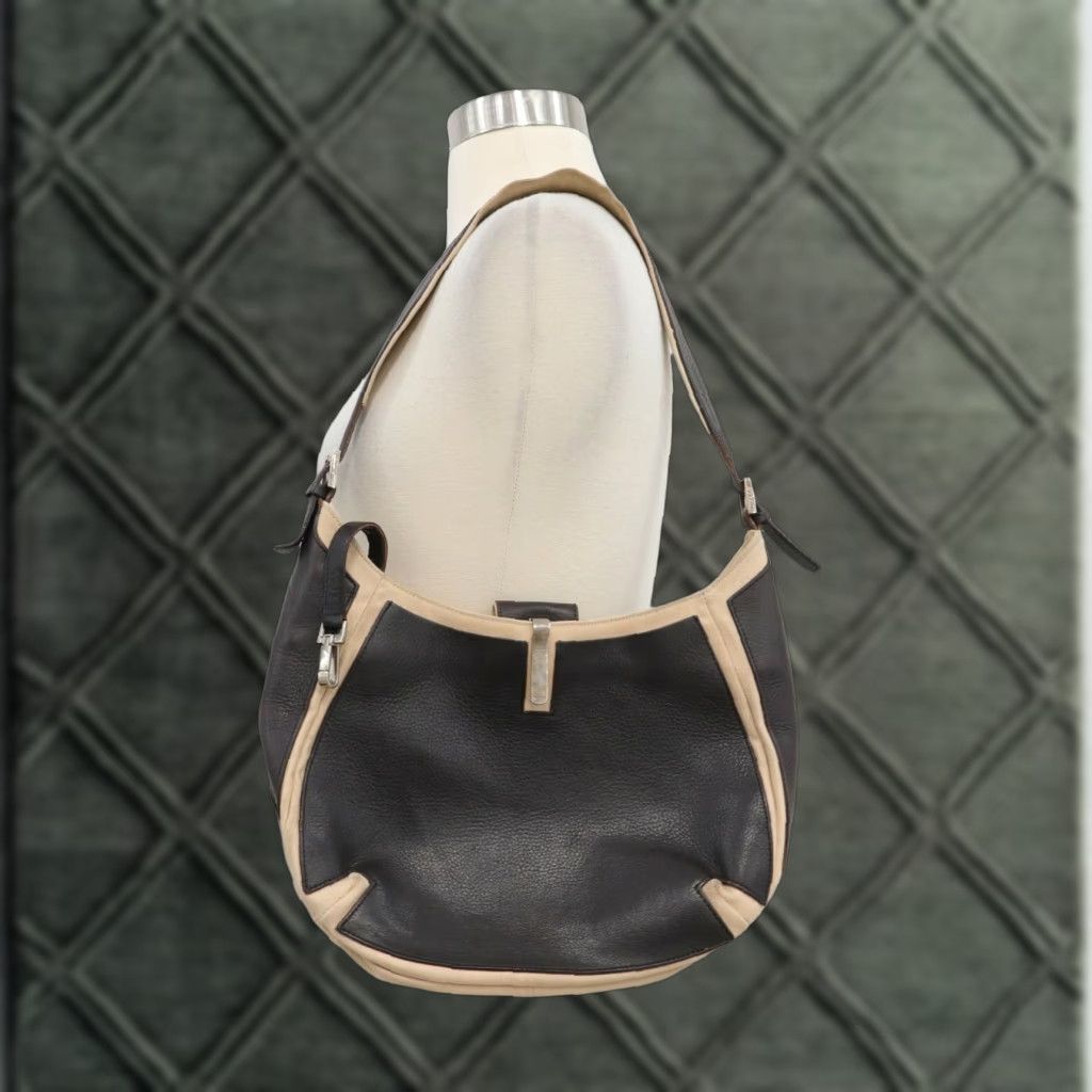 Vintage Bally Hobo Bag Medium Brown Leather Beige Canvas Shoulder Purse Women