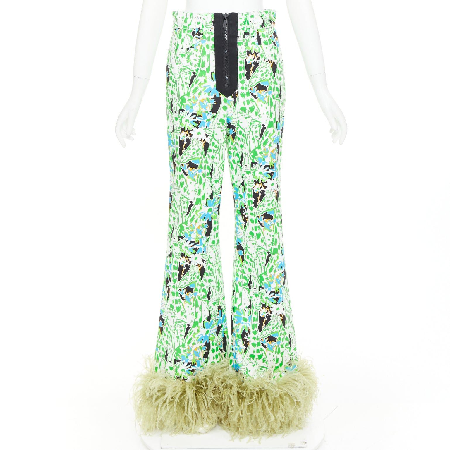 Miu Miu MIU MIU 2018 Runway green multi giraffe print feather hem flared pants IT40 S Natalie Portman Size 27" / US 4 / IT 40 - 1 Thumbnail