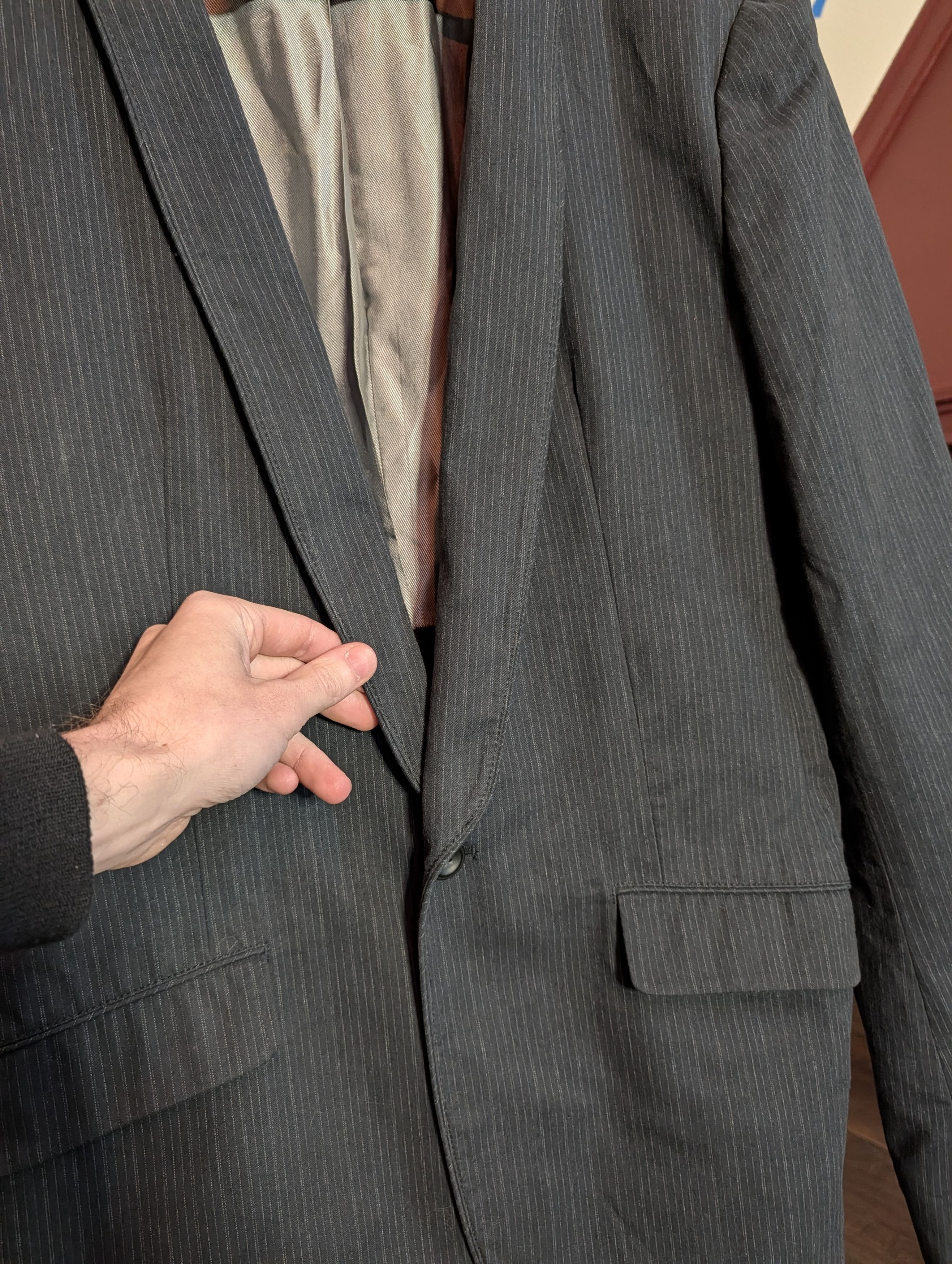 Armani Exchange Brushed cotton shawl lapel surgeons cuff pinstriped jacket Size 40L - 3 Thumbnail
