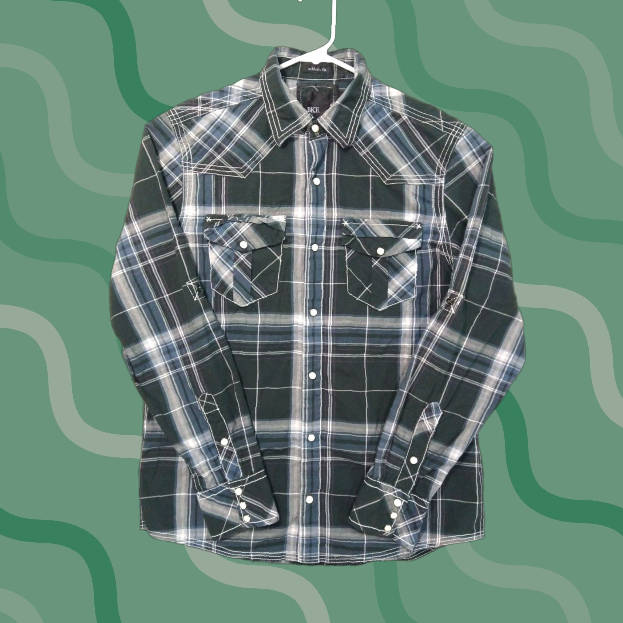 Vintage BKE Buckle Shirt Mens Athletic Fit Plaid Long Sleeve Button-Up Snap Pearl Collar Western Green) Size US M / EU 48-50 / 2 - 1 Thumbnail