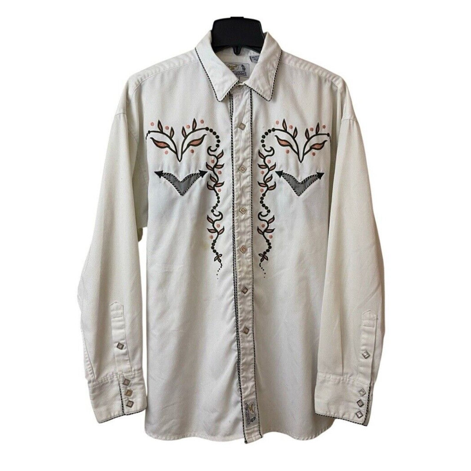 Panhandle Slim Mens Shirt Large White Embroidered Pearl Snap
