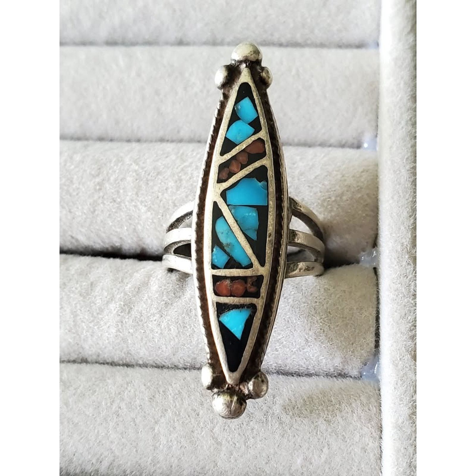 Other Vintage Navajo Sterling Silver Crushed Turquoise Coral Ring Size ONE SIZE - 2 Thumbnail