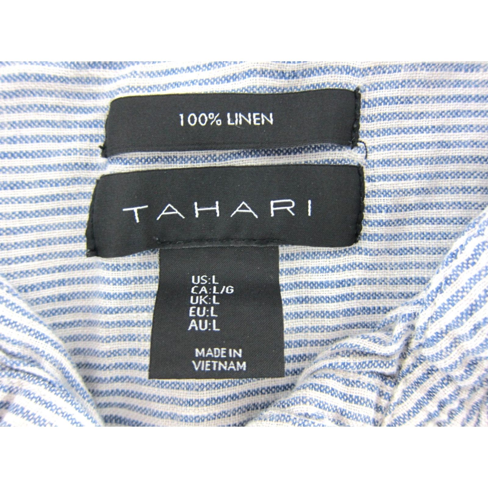 Vintage TAHARI Shirt Dress 100% Linen Blue White Pinstripe Short Sleeve Collared Large Size L / US 10 / IT 46 - 3 Thumbnail