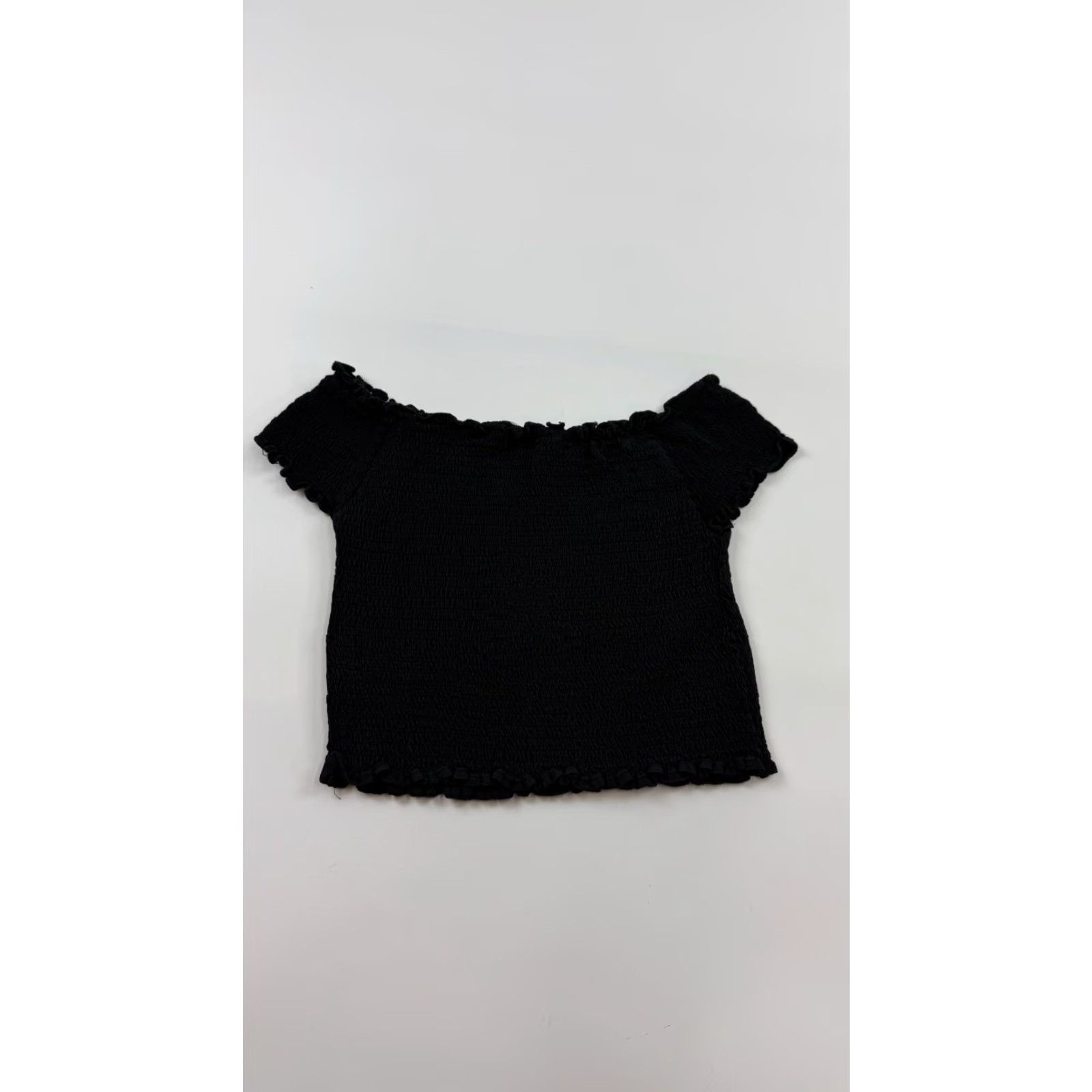 Brandy Melville Brandy Melville Black Cropped Off Shoulder Blouse Women One Size Cotton Casual Short Sleeve Size ONE SIZE - 2 Thumbnail
