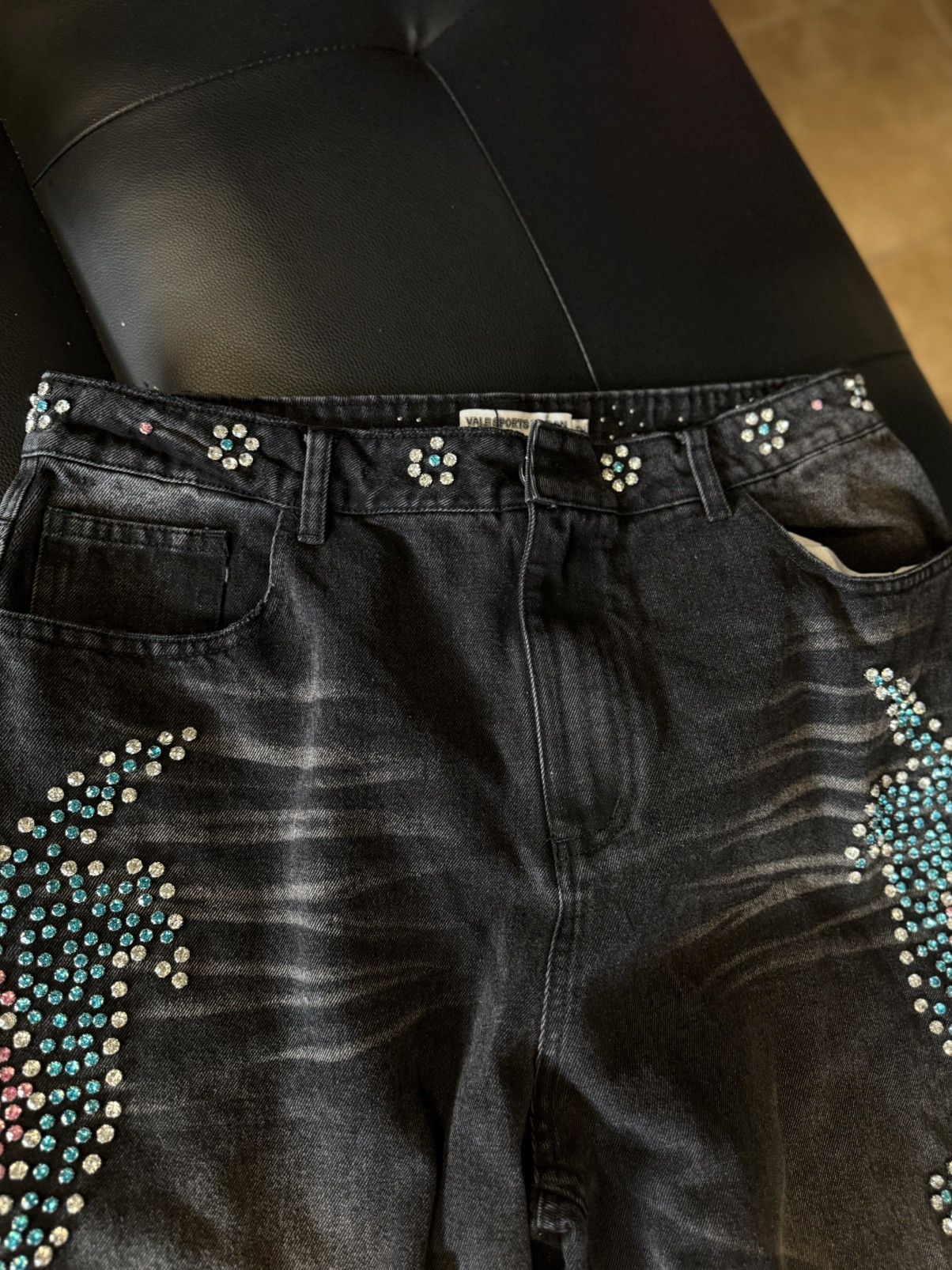 Vale Valley Stone Crystal Rhinestone Baggy Black Jeans Size 32 Size US 32 / EU 48 - 6 Thumbnail