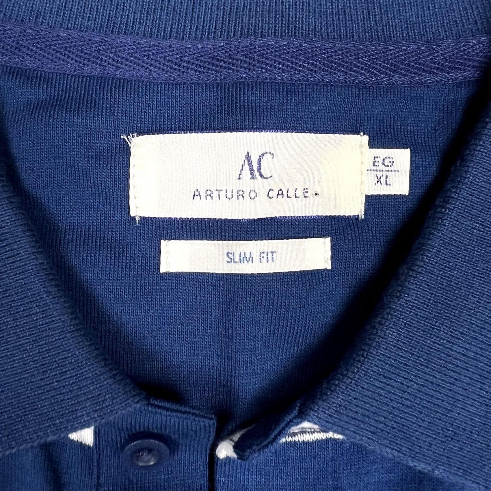 Vintage NWT Arturo Calle Polo Shirt XL Navy Blue White Striped 100% Cotton Men Slim Short Sleeve Collared Button Polo Size US XL / EU 56 / 4 - 2 Thumbnail