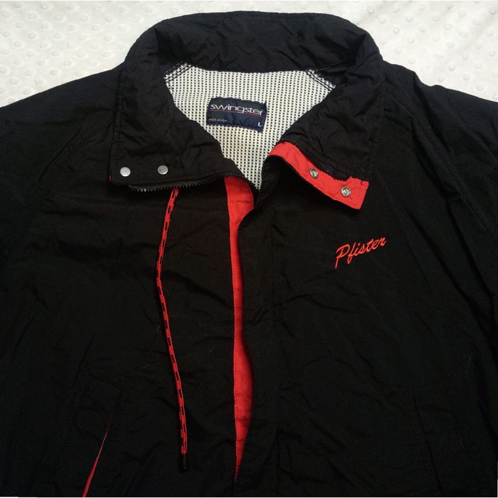 Vintage Swingster Jacket Mens L Black Red Trim Windbreaker Full Zip Snaps Vintage 90s USA Football Baseball Hockey Racing Walking Casual Workwear 46 in Chest Size US L / EU 52-54 / 3 - 4 Thumbnail