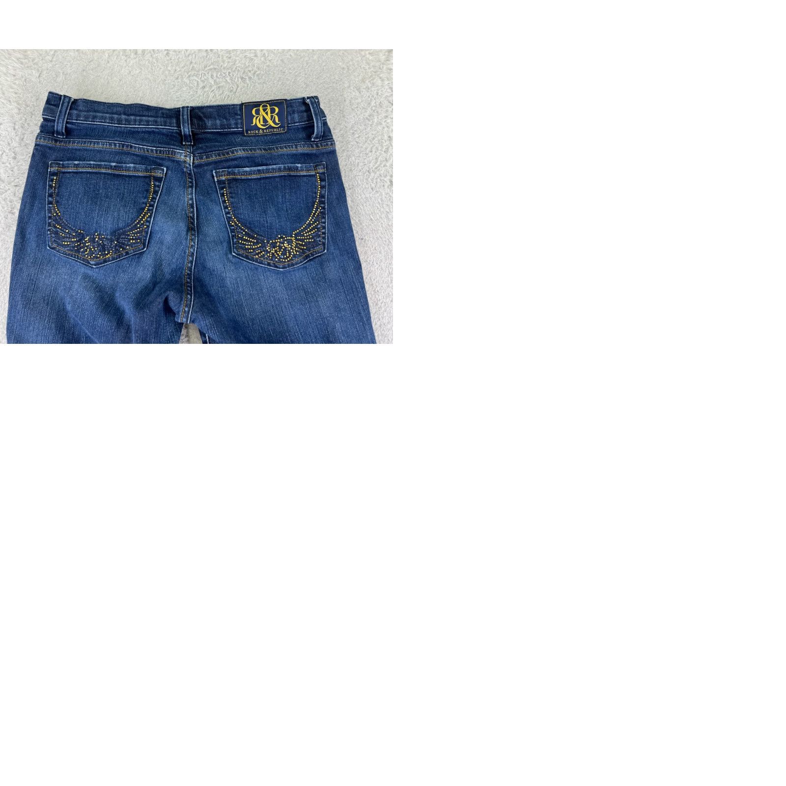Vintage Rock & Republic Jeans Womens 8 Blue Denim Flared 5-Pocket Regular Stretch Cotton Blend Rock Pattern Vintage: No Size 30" / US 8 / IT 44 - 10 Thumbnail