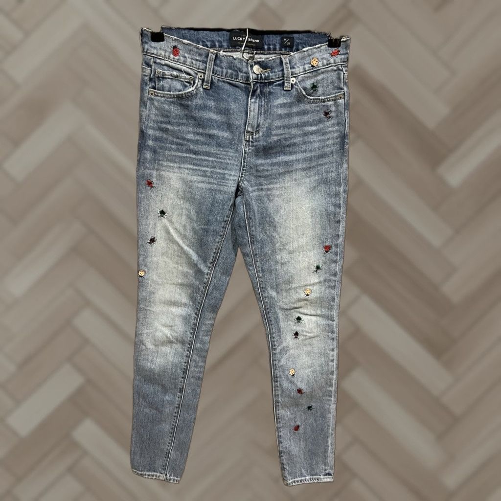 Lucky Brand Lucky Brand Jeans Size 25 Ava Skinny Lady Bug Embroidered Hippy Retro Size 42" / US 20 - 1 Thumbnail