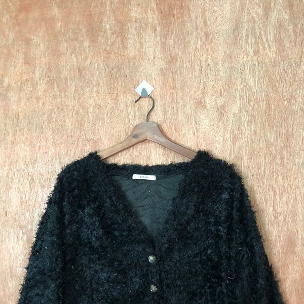 Japanese Brand Begum Black Shag Shaggy Fur Mohair Cardigan #6399DLAL Size M / US 6-8 / IT 42-44 - 6 Thumbnail
