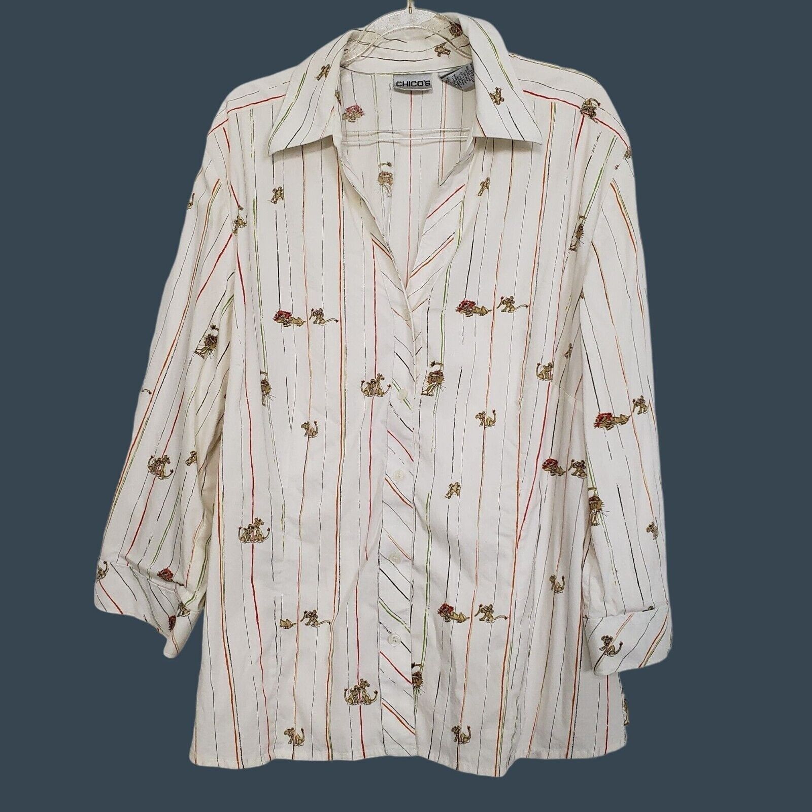 Designer Chicos 3 Lions Shirt Womens Size XL Long Sleeve White Stripe Size XL / US 12-14 / IT 48-50 - 1 Thumbnail
