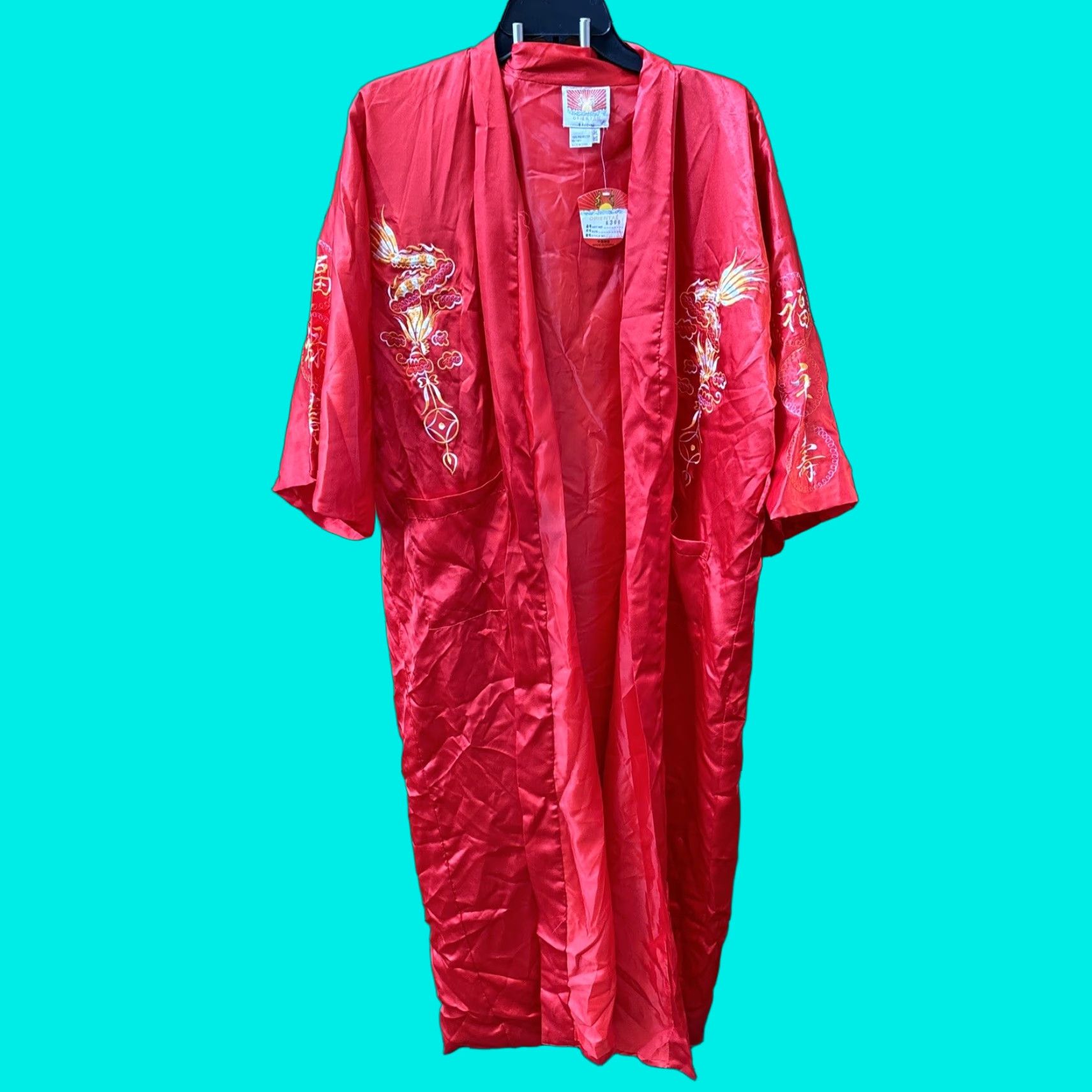Vintage VINTAGE Unbranded Satin Kimono Robe Red Orange Embroidered Dragon Pockets Lined Open Front XXL Unisex Adults Size ONE SIZE - 1 Thumbnail