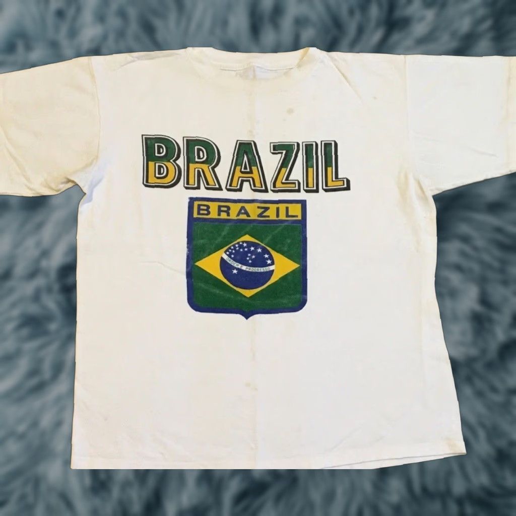 VINTAGE Brazil Flag Faded Distressed Shirt S Mens 90s Grunge Football Soccer White - 80s 90s USA Sailing Surf Rock College Fútbol