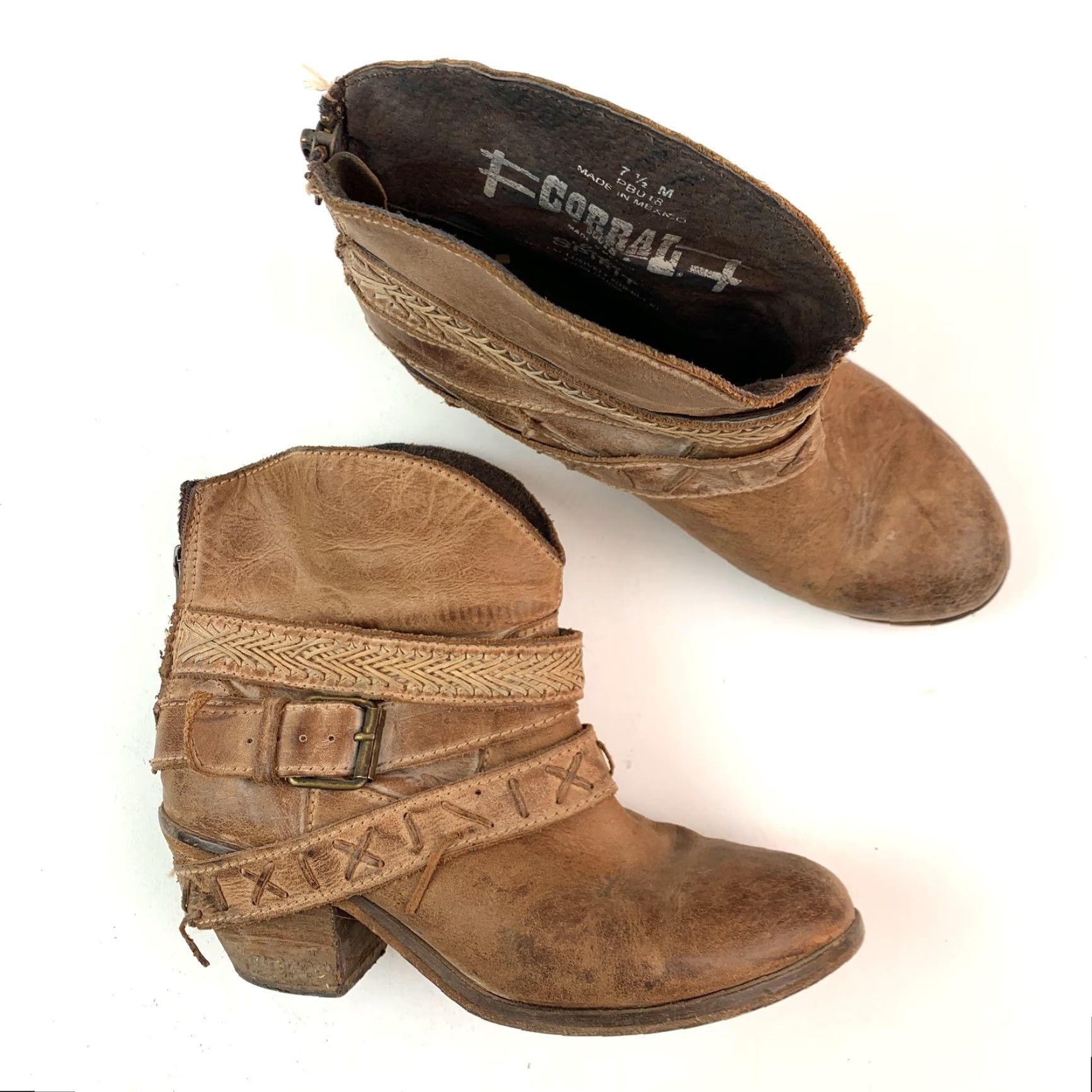 Vintage VINTAGE Corral Brown Distressed Leather Ankle Boots 7.5 Women Western Boot Buckle Zipper Block Heel Colonial? Size US 8 / IT 38 - 3 Thumbnail