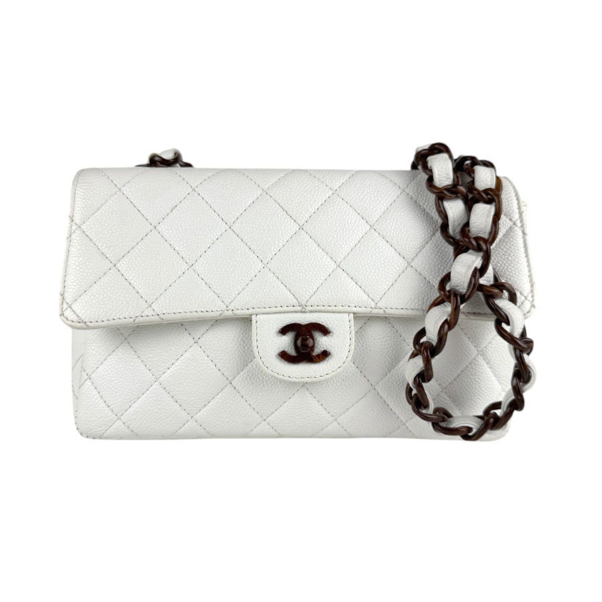 Chanel Shoulder Bag Caviar Leather Wood White Women's Z4553