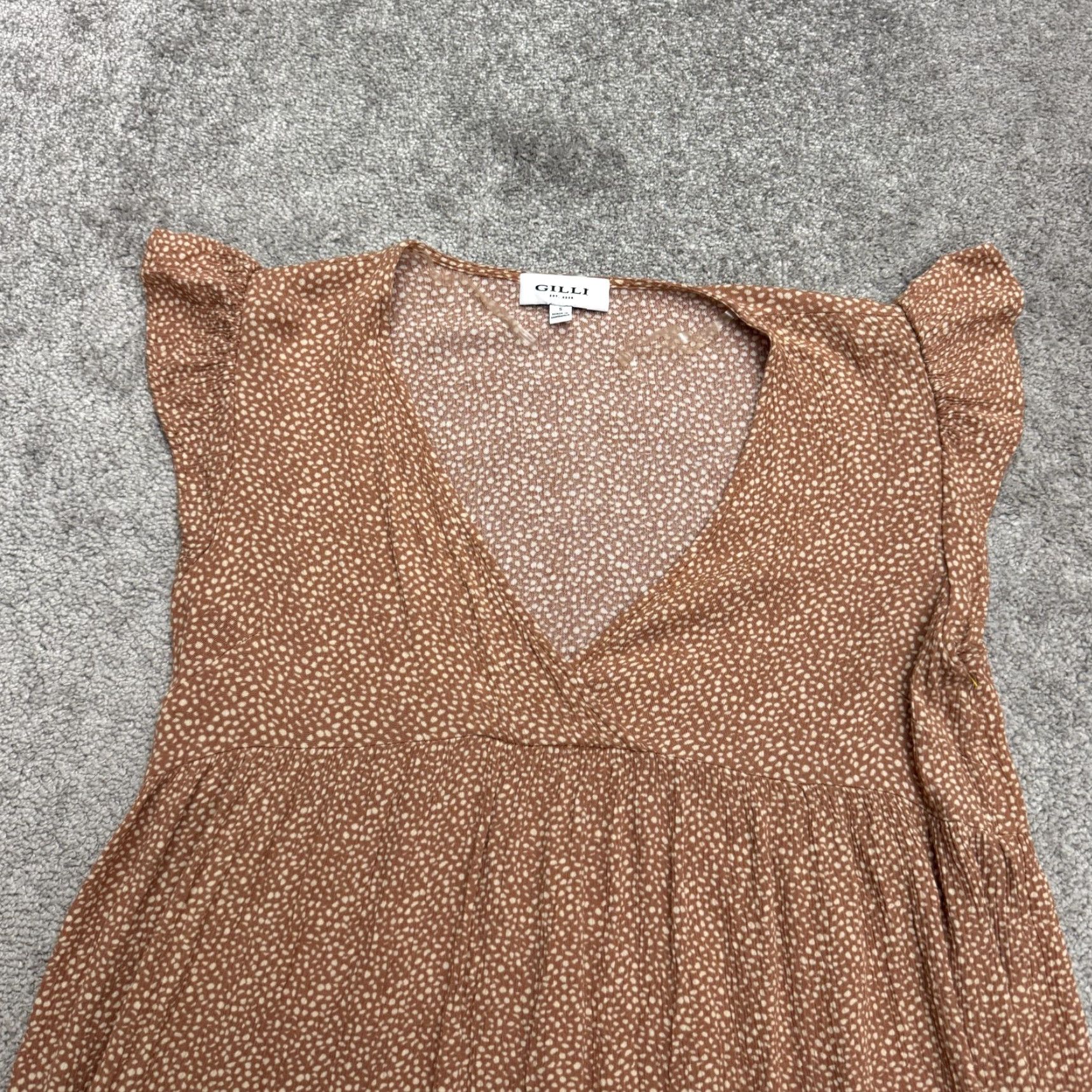 Vintage Gilli Brown Polka Dot Flutter Sleeve Mini Dress Womens Small V-Neck Rayon Sundress, Short Sleeve, Bohemian, Casual Size S / US 4 / IT 40 - 4 Thumbnail