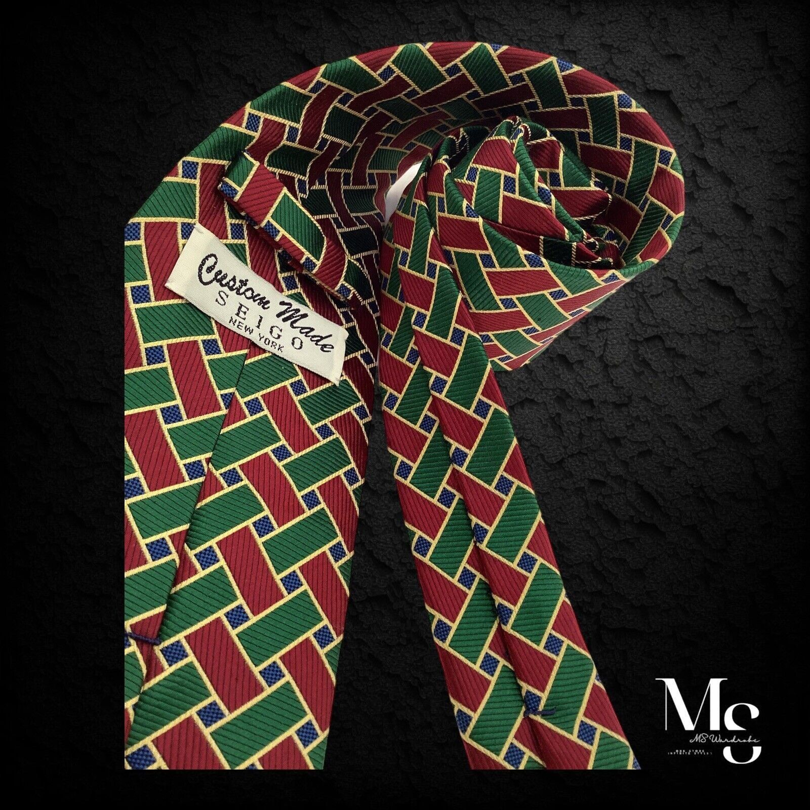 Other SEIGO NEW YORK Green Red Geometric Silk Tie Hand Made In Jap Size ONE SIZE - 3 Thumbnail