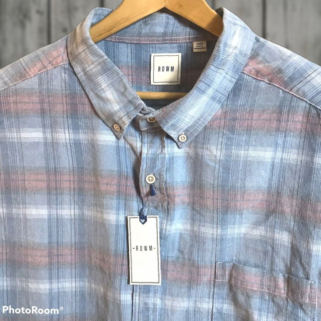 Vintage ROWM Shirt Mens Big 2X Long Sleeve Corduroy Dusty Blue Plaid Button-Up Casual Mens Size US XXL / EU 58 / 5 - 1 Thumbnail