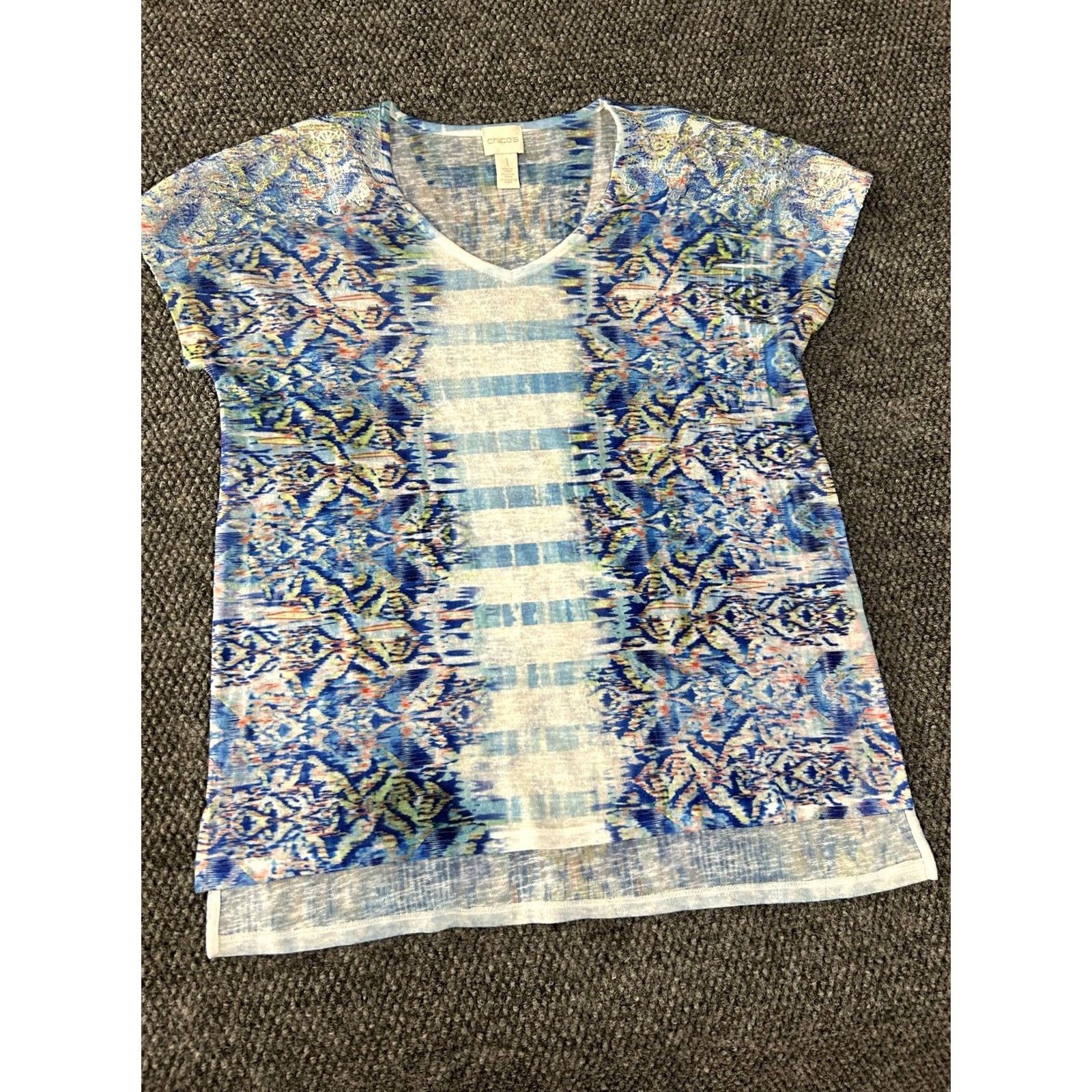 Vintage Chicos Shirt Womens 1 Blue Geometric Print V Neck Dolman Short Sleeve Top Boho Size XS / US 0-2 / IT 36-38 - 2 Thumbnail