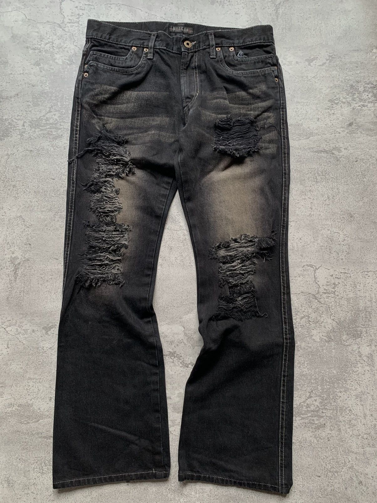 Image of Gostar De Fuga x Tornado Mart Morgan Homme Distressed Flare Jeans in Washed Black, Men's (Size 31)