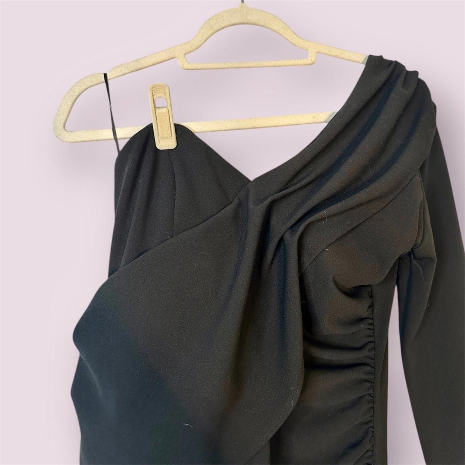 Designer One Shoulder Mini Dress Ruched Bodycon Cocktail Party Black Size M / US 6-8 / IT 42-44 - 4 Thumbnail