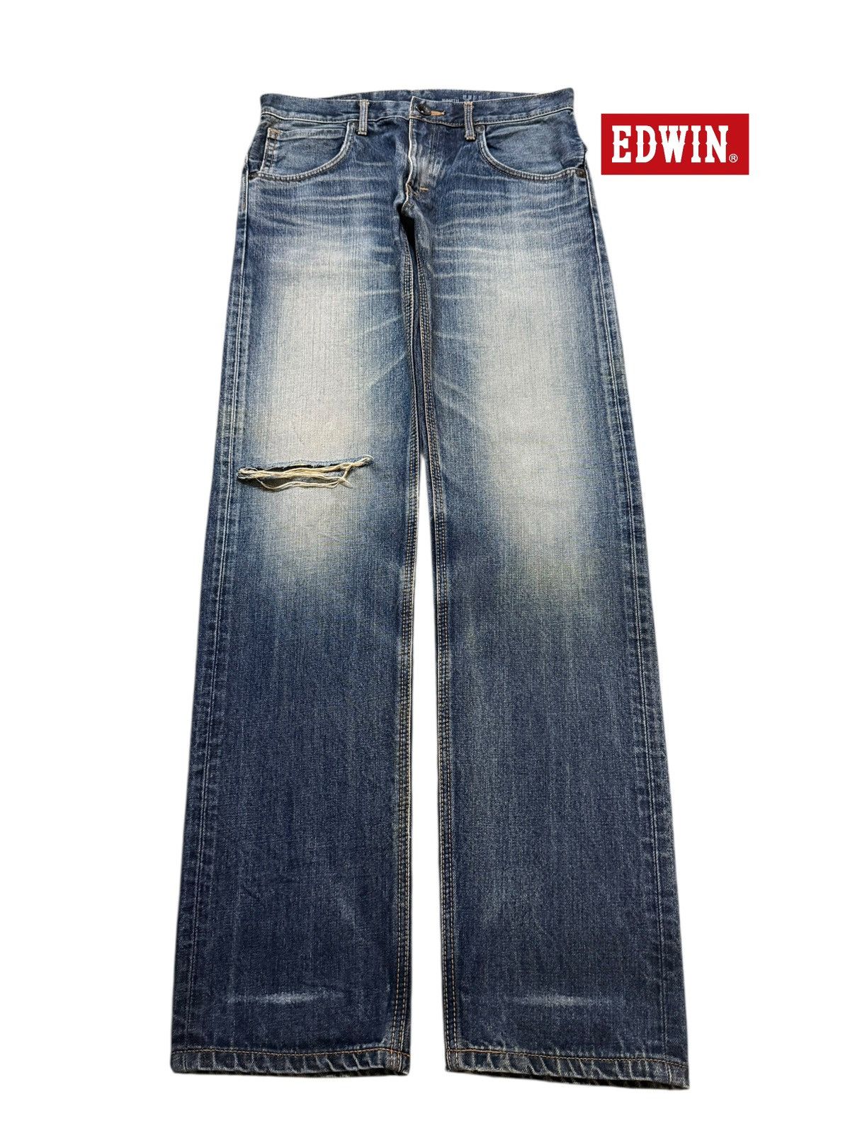Edwin Vintage 90s Edwin XV Blue Faded Wash Whiskers Distressed Size US 32 / EU 48 - 1 Thumbnail