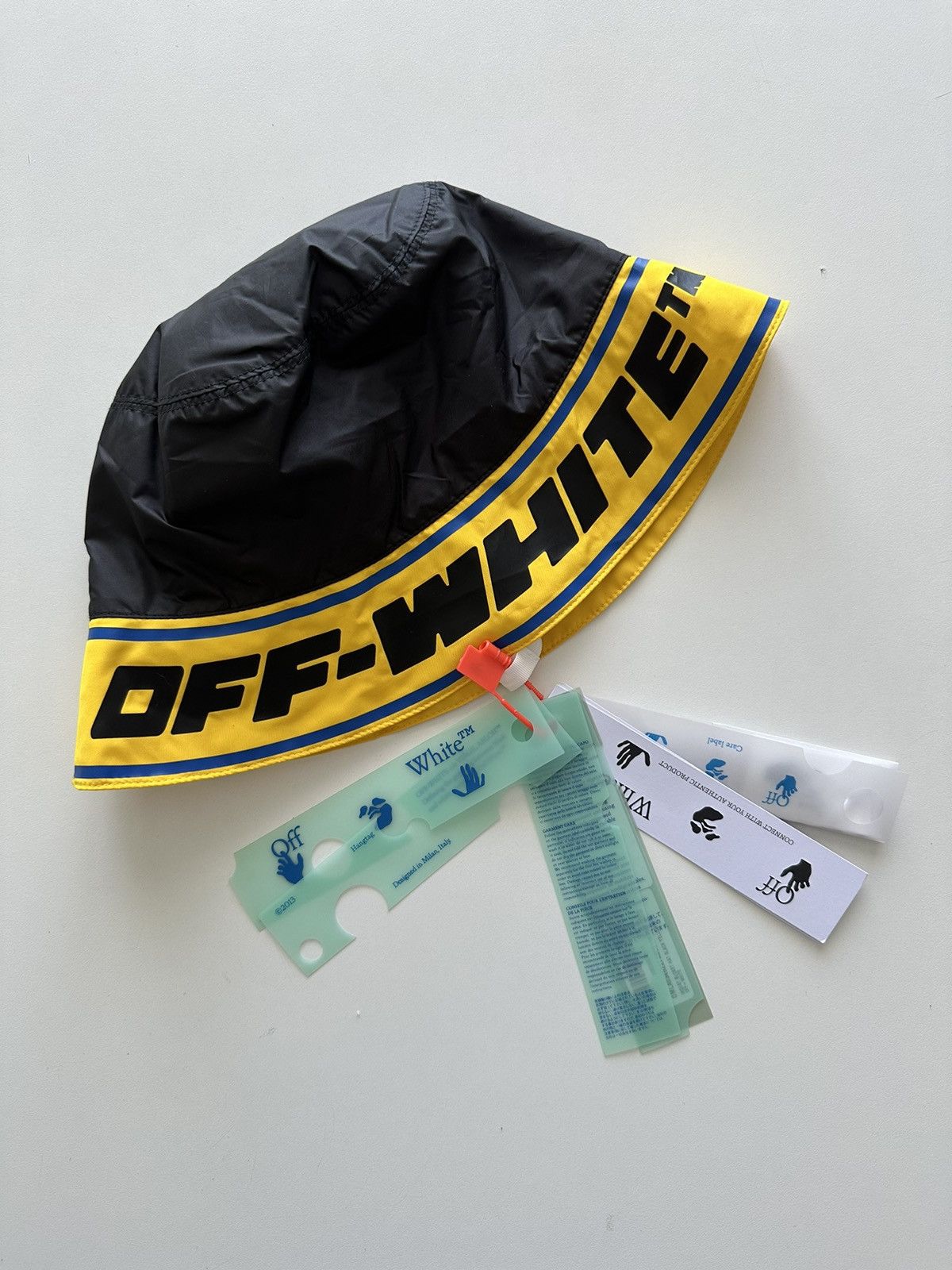 image of Off White Bucket Hat In Black With Off-White Yellow Band, Men's
