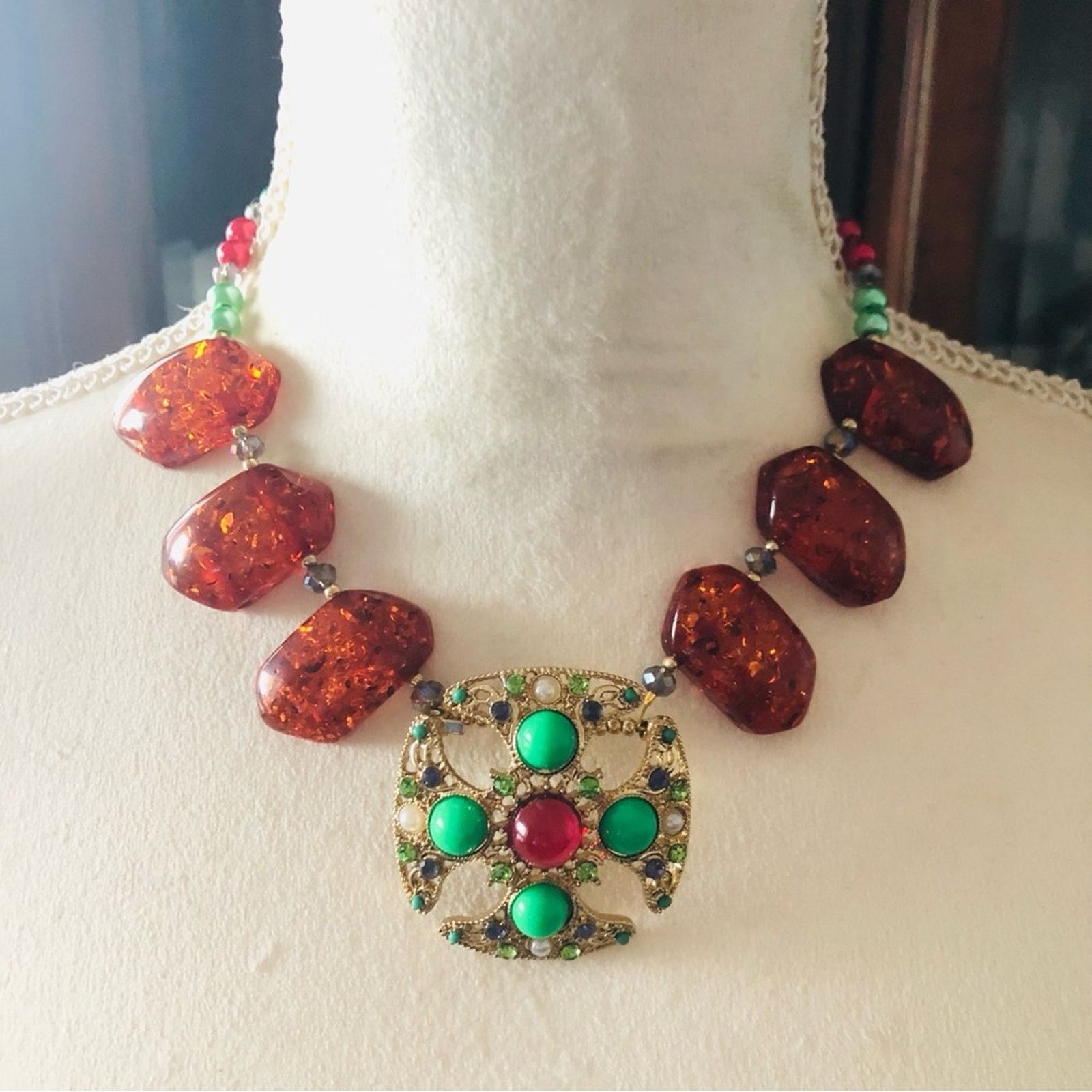 Handmade Handcrafted repurpose stone Maltese cross Pearl necklace Size ONE SIZE - 2 Thumbnail