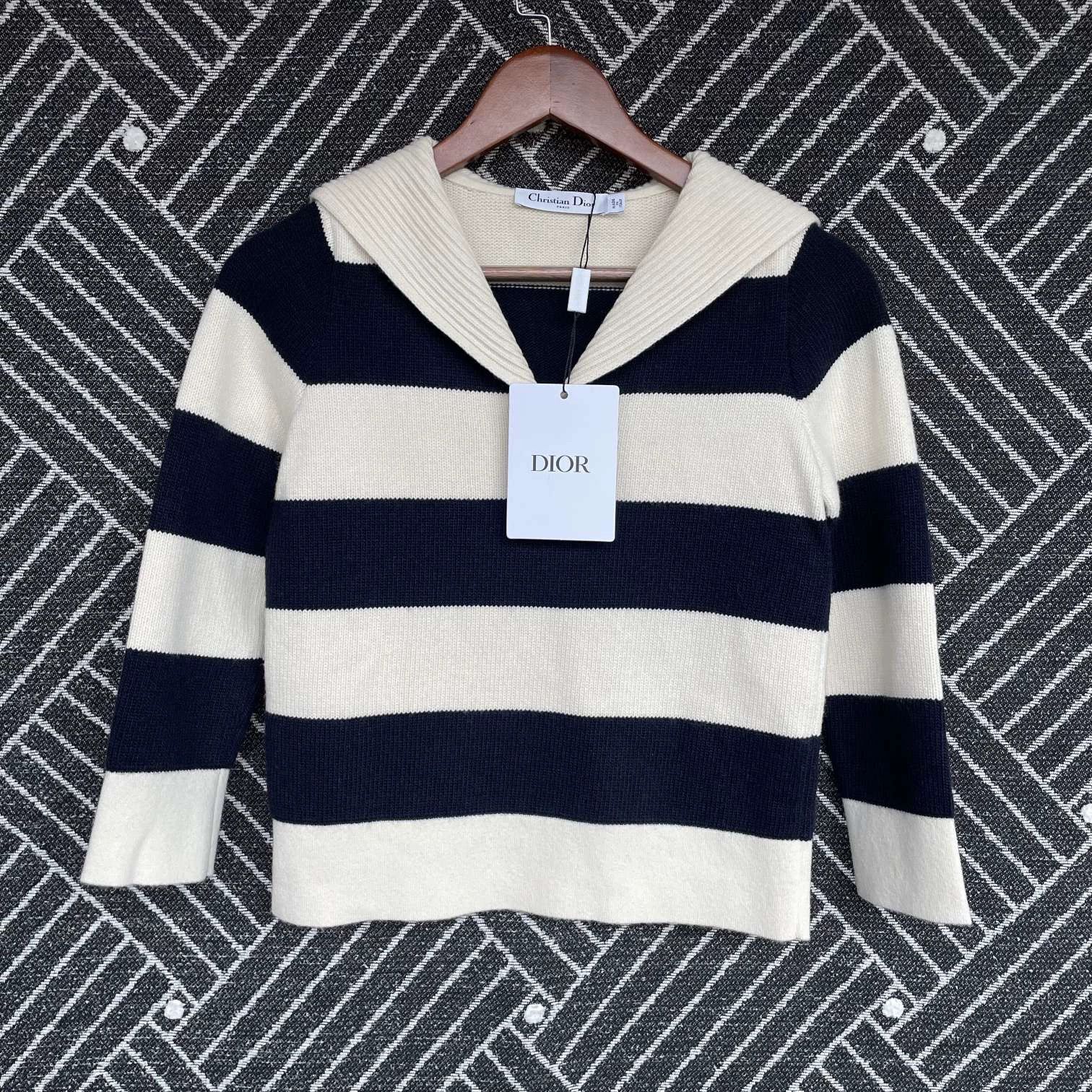 Dior DIOR Women's Beige Navy Wool-Cashmere Knit FR38 Size S / US 4 / IT 40 - 1 Thumbnail