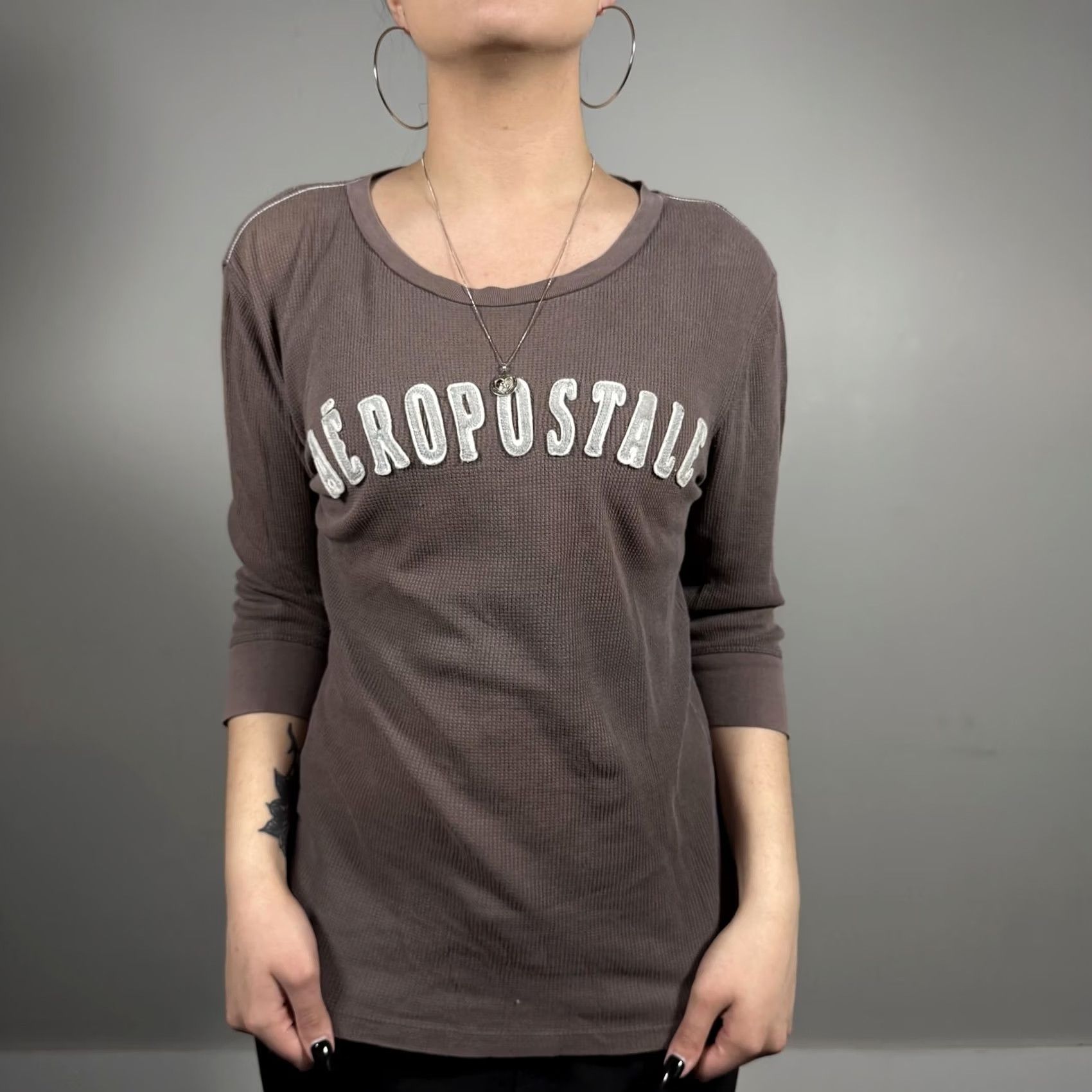 Vintage Y2K Aeropostale Thermal Shirt Womens XL Brown Waffle Knit 3/4 Sleeve Logo Top Size XL / US 12-14 / IT 48-50 - 2 Thumbnail