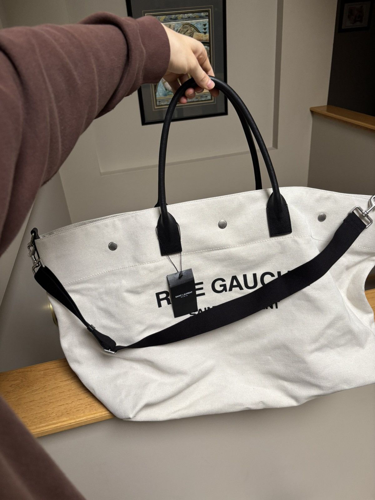 Saint Laurent Paris Saint Laurent Cream/Black Leather Rive Gauche XL Tote Bag Size ONE SIZE - 6 Thumbnail