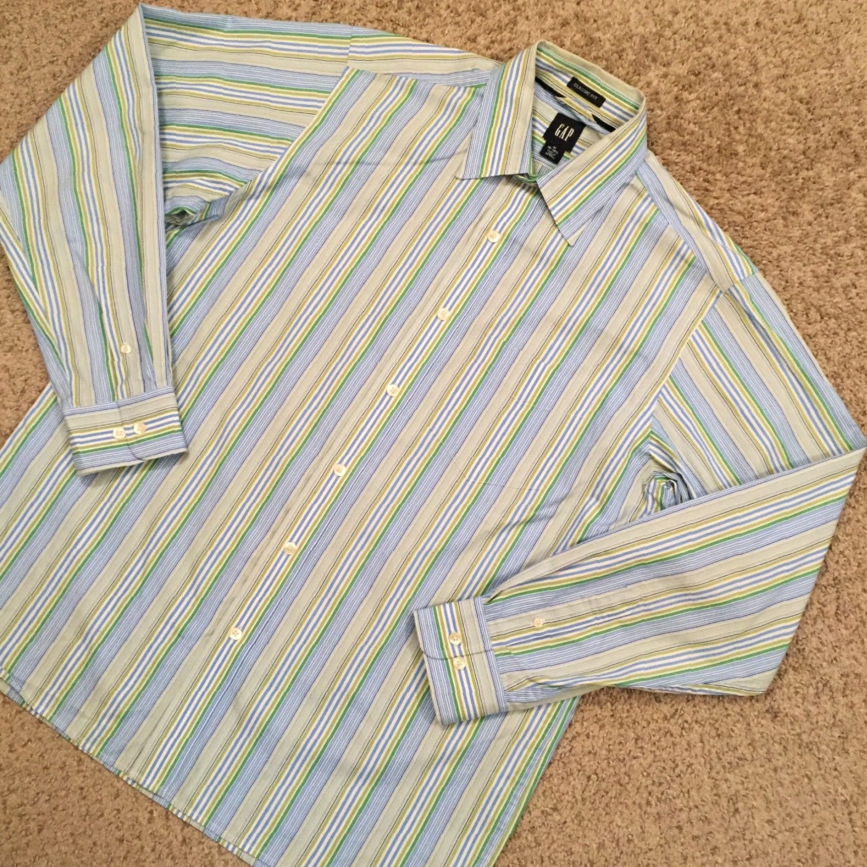 Gap Gap Button-Up Shirt Men M Blue Green Striped Long Sleeve Collared Nylon? (note: incorrect) Size US M / EU 48-50 / 2 - 2 Thumbnail